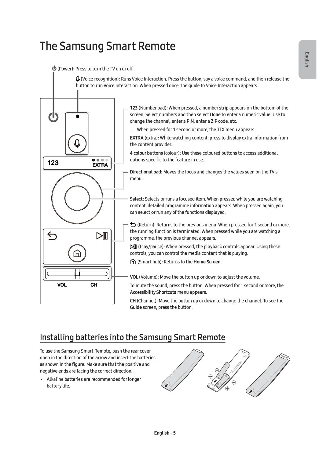 Samsung UE55KS7580UXZG manual The Samsung Smart Remote, Installing batteries into the Samsung Smart Remote, English 