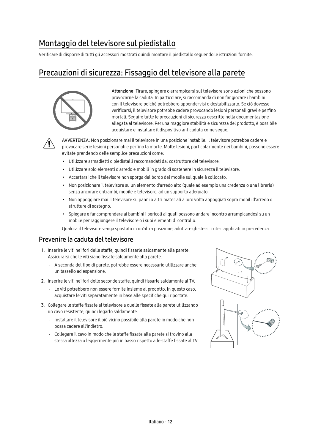 Samsung UE65KS7580UXZG manual Montaggio del televisore sul piedistallo, Prevenire la caduta del televisore, Italiano 