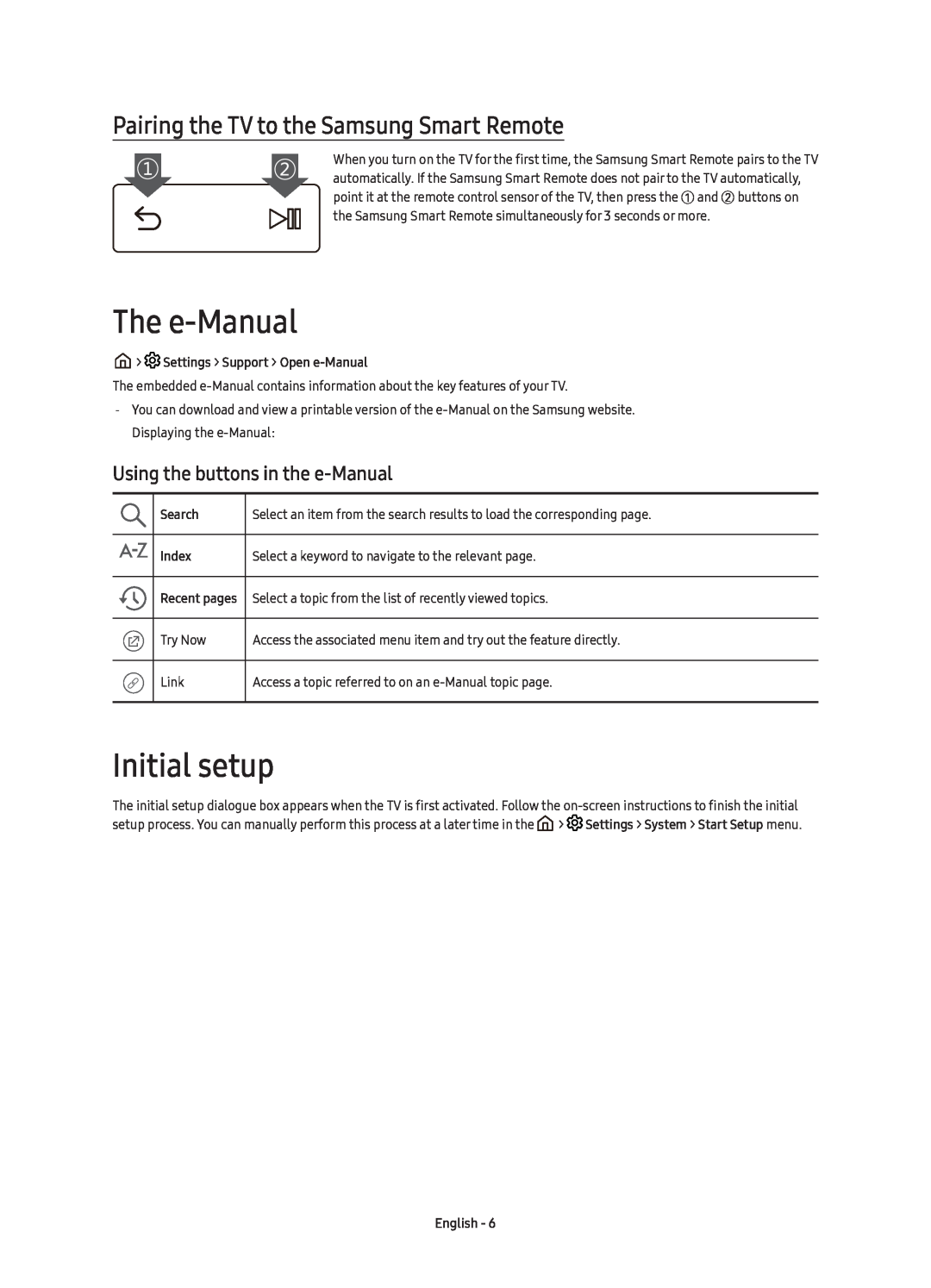Samsung UE65KS7580UXZG The e-Manual, Initial setup, Pairing the TV to the Samsung Smart Remote, Search, Index, English 