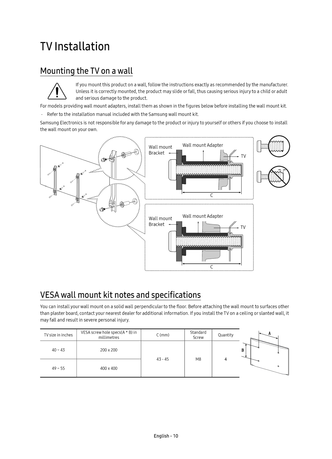 Samsung UE49KU6400UXRU manual TV Installation, Mounting the TV on a wall, Vesa wall mount kit notes and specifications 