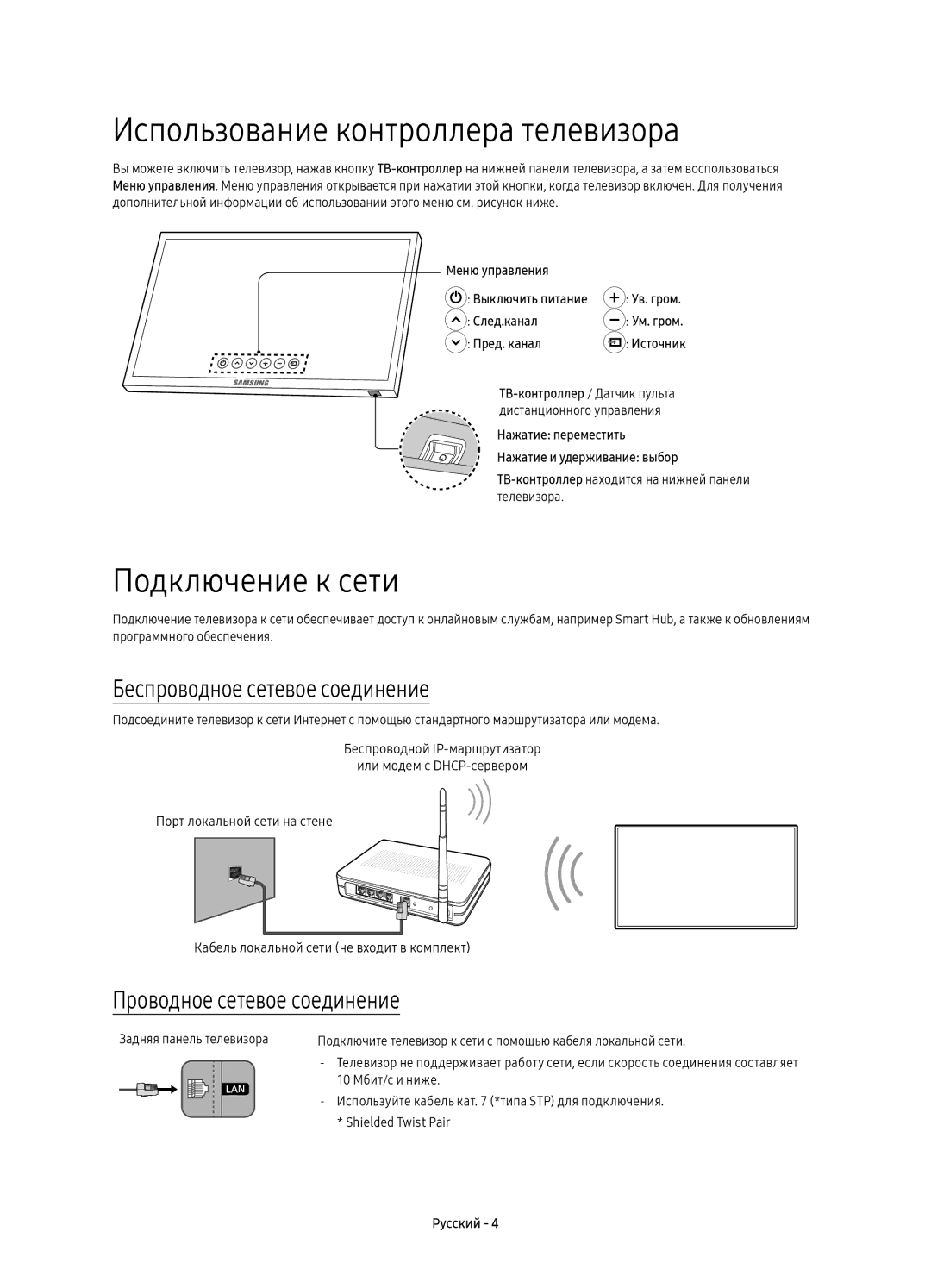 Samsung UE43KU6400UXRU manual Использование контроллера телевизора, Подключение к сети, Беспроводное сетевое соединение 