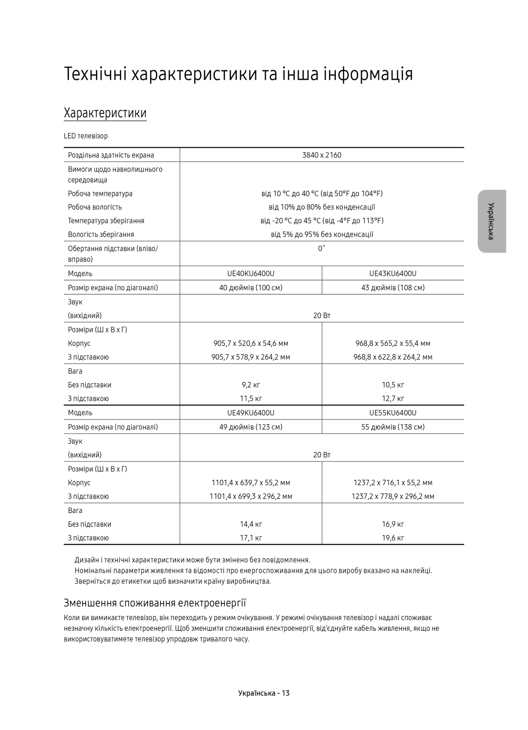 Samsung UE55KU6400UXRU Технічні характеристики та інша інформація, Характеристики, Зменшення споживання електроенергії 