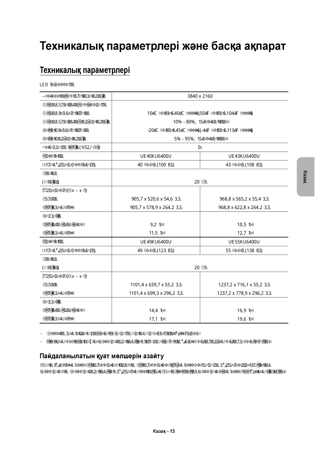 Samsung UE40KU6400UXRU, UE43KU6400UXRU, UE49KU6400UXRU manual Техникалық параметрлері, Пайдаланылатын қуат мөлшерін азайту 