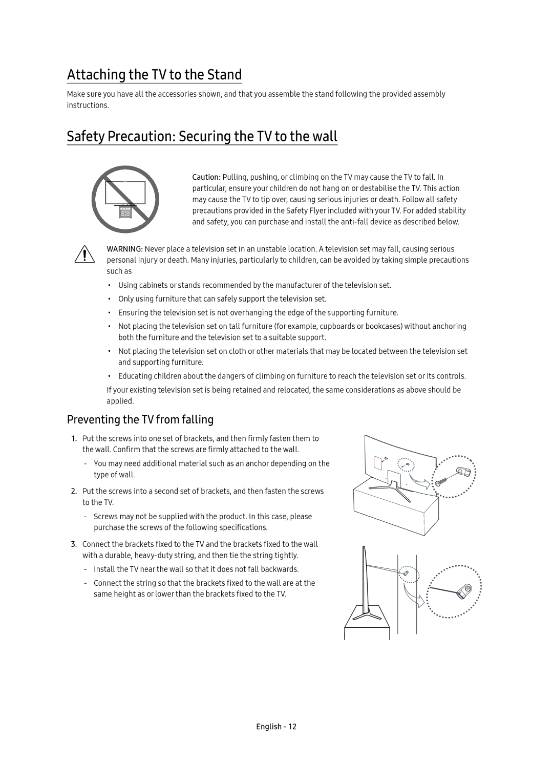 Samsung UE43KU6505UXXE, UE65KU6505UXXE manual Attaching the TV to the Stand, Safety Precaution Securing the TV to the wall 