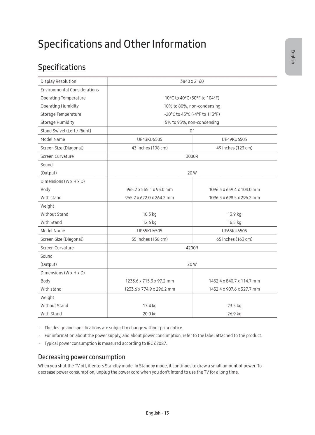 Samsung UE65KU6505UXXE, UE43KU6505UXXE, UE55KU6505UXXE Specifications and Other Information, Decreasing power consumption 