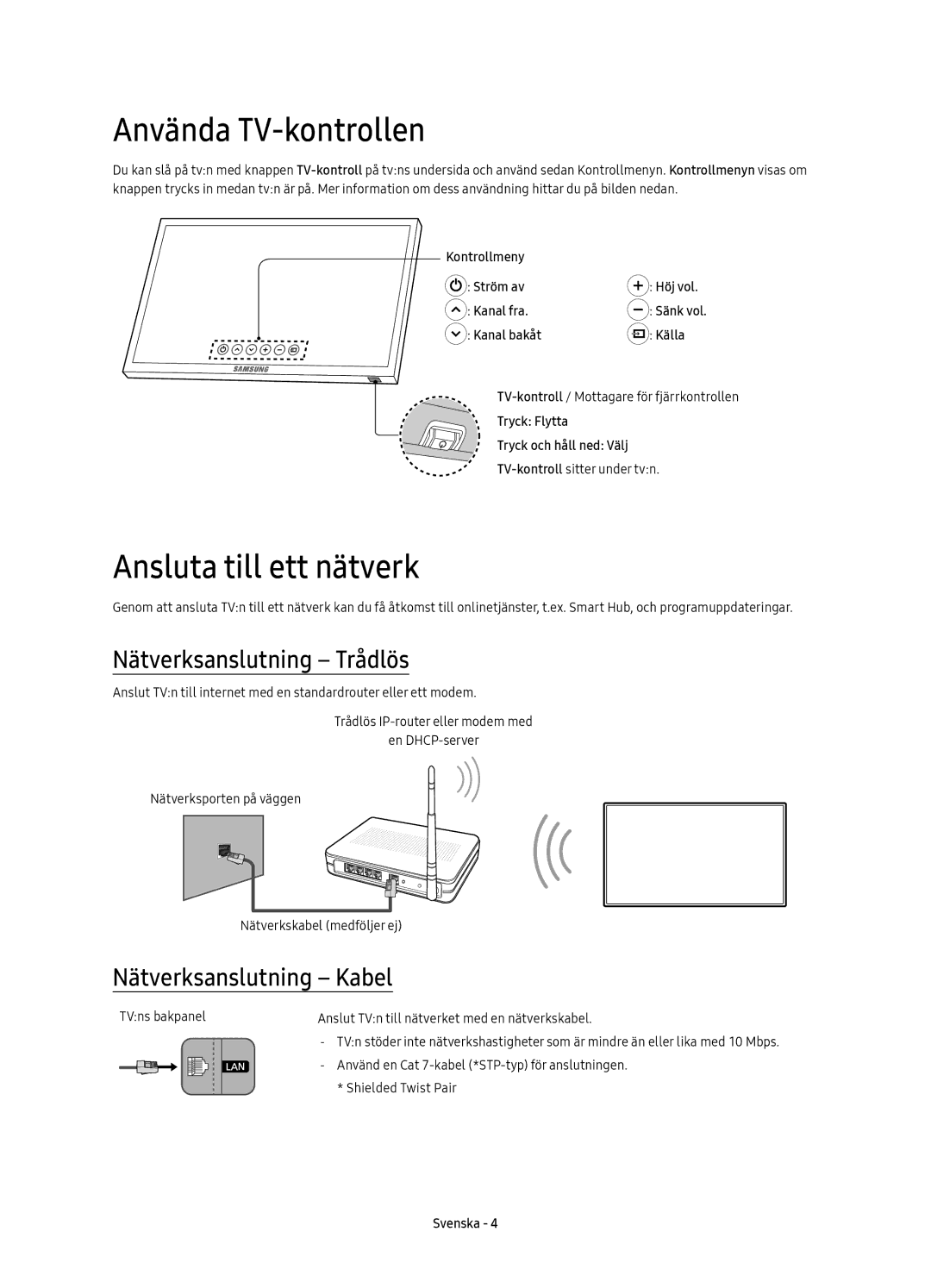 Samsung UE55KU6505UXXE, UE43KU6505UXXE manual Använda TV-kontrollen, Ansluta till ett nätverk, Nätverksanslutning Trådlös 