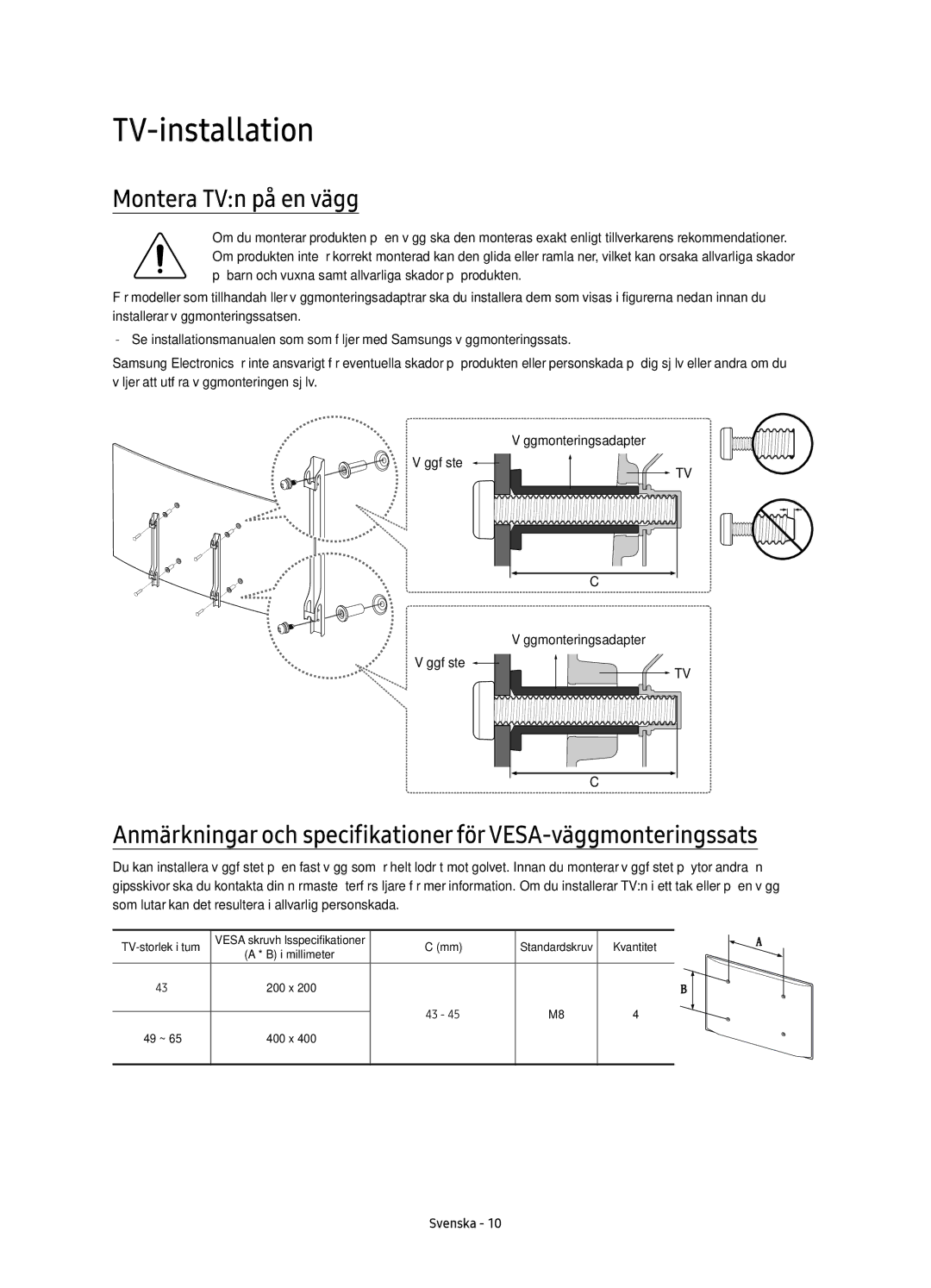 Samsung UE43KU6505UXXE, UE65KU6505UXXE, UE55KU6505UXXE, UE49KU6505UXXE manual TV-installation, Montera TVn på en vägg 