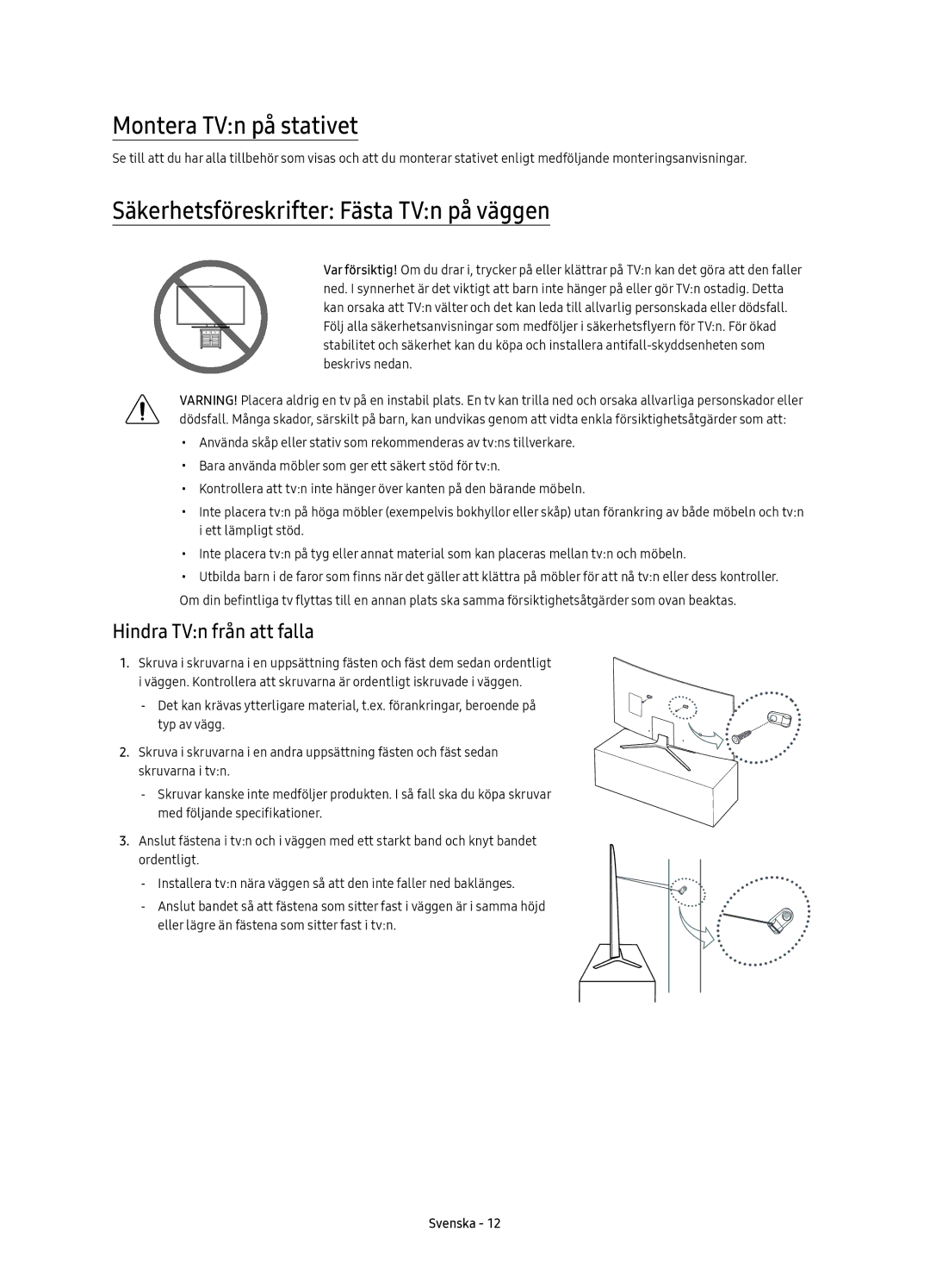 Samsung UE55KU6505UXXE manual Montera TVn på stativet, Säkerhetsföreskrifter Fästa TVn på väggen, Hindra TVn från att falla 