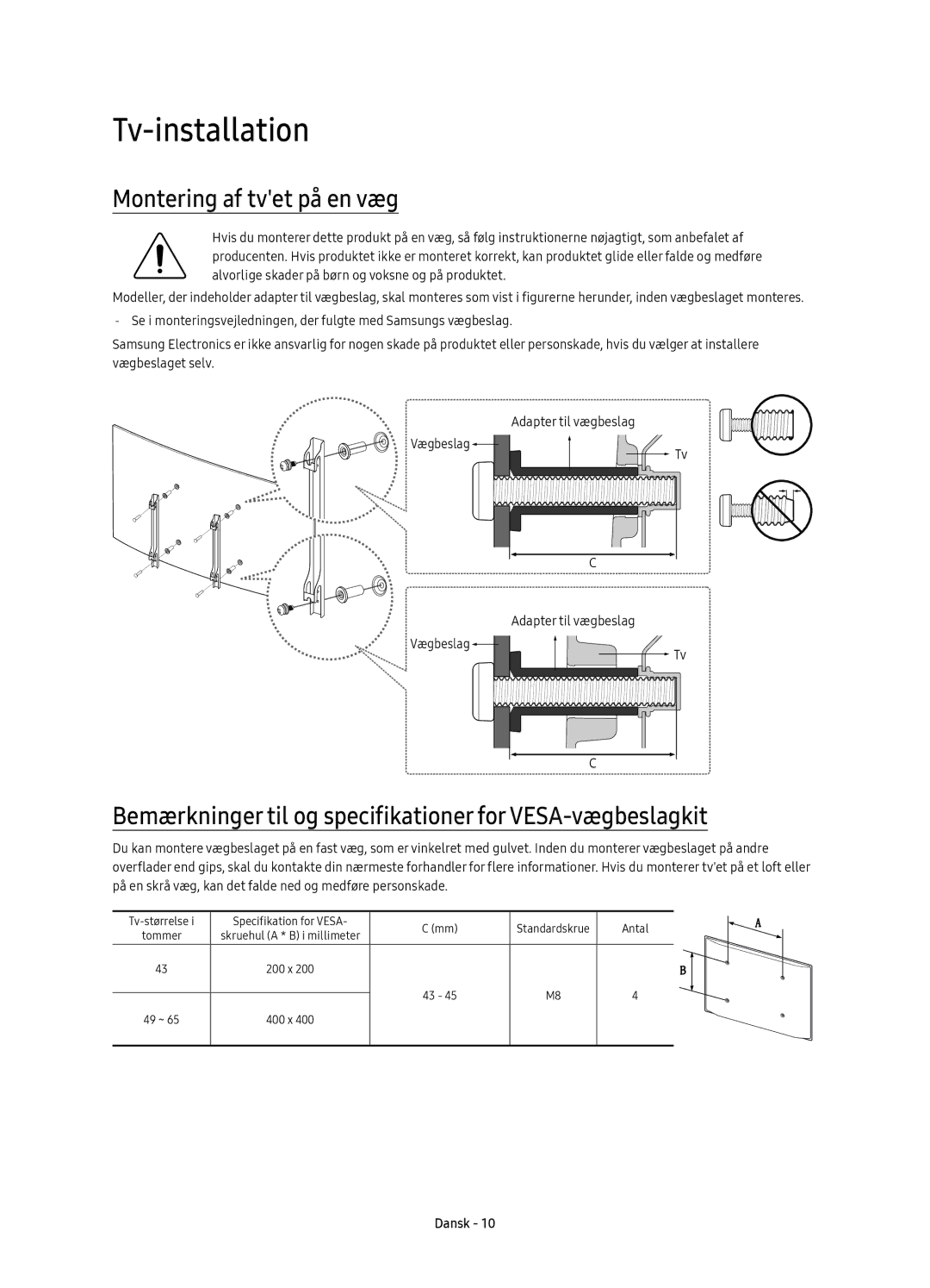 Samsung UE55KU6505UXXE manual Montering af tvet på en væg, Bemærkninger til og specifikationer for VESA-vægbeslagkit 