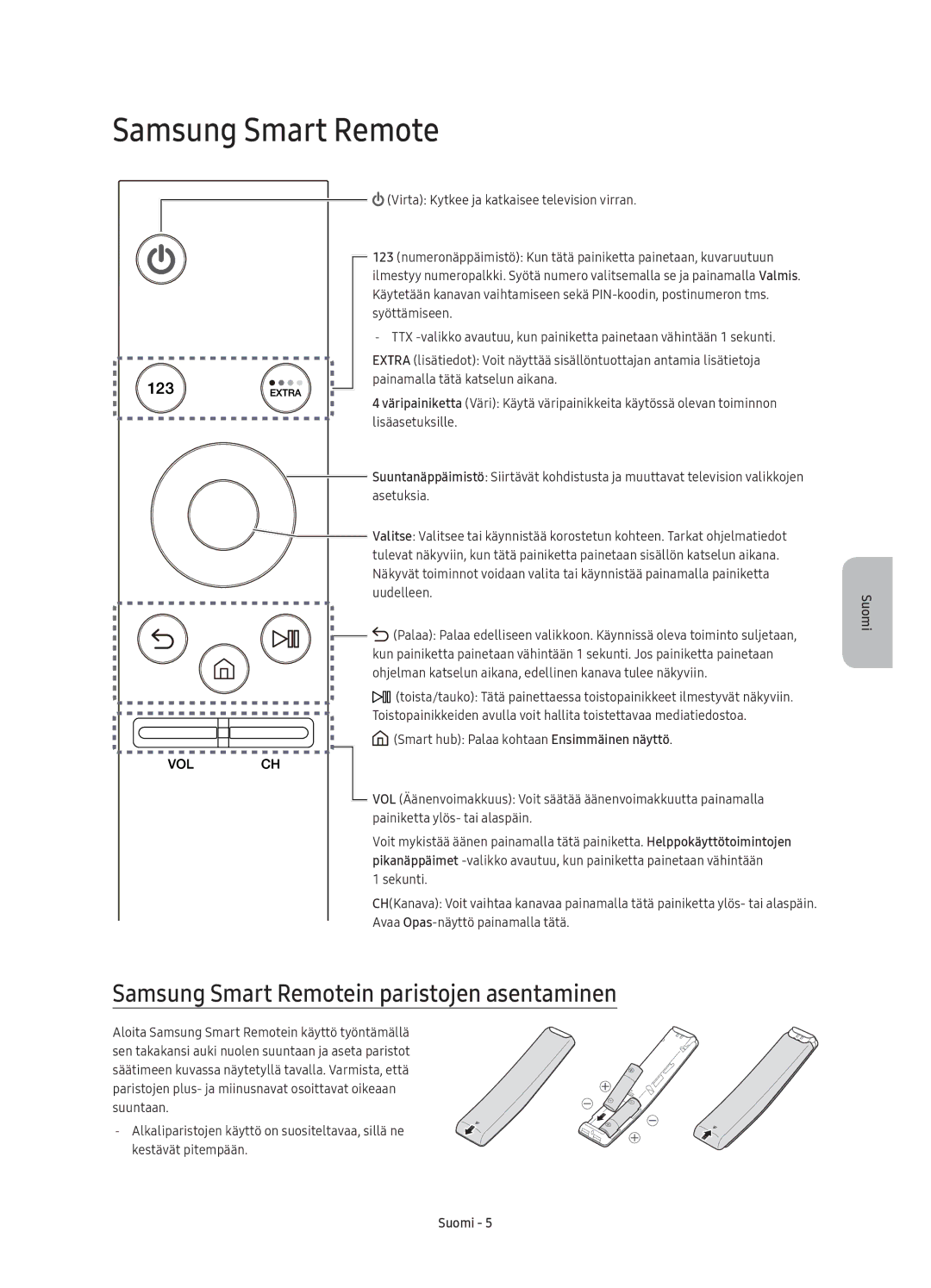 Samsung UE65KU6505UXXE, UE43KU6505UXXE, UE55KU6505UXXE, UE49KU6505UXXE Samsung Smart Remotein paristojen asentaminen 