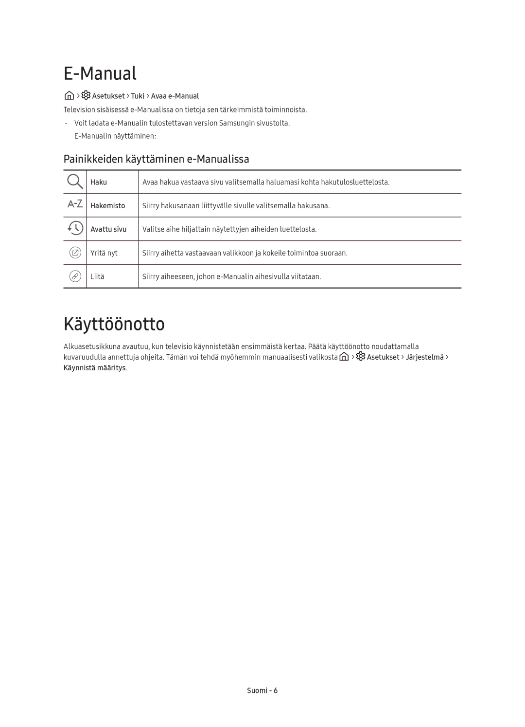 Samsung UE55KU6505UXXE, UE43KU6505UXXE, UE65KU6505UXXE, UE49KU6505UXXE Käyttöönotto, Painikkeiden käyttäminen e-Manualissa 