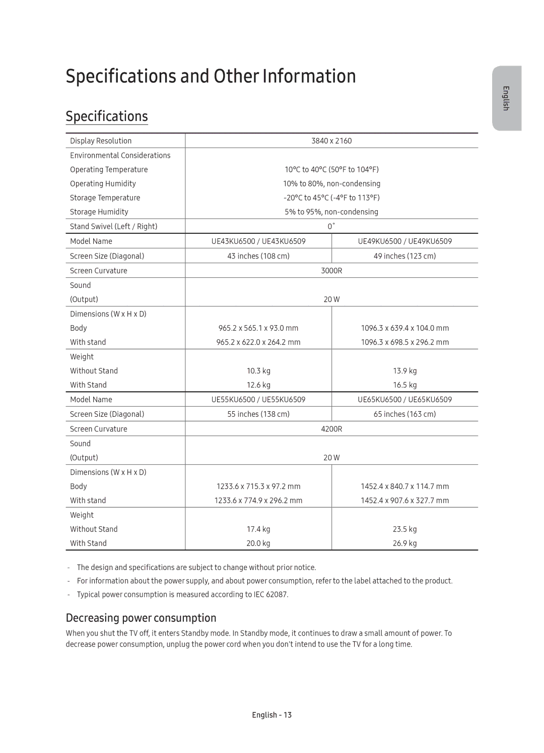 Samsung UE55KU6509UXZG, UE43KU6509UXZG, UE55KU6500UXZG Specifications and Other Information, Decreasing power consumption 