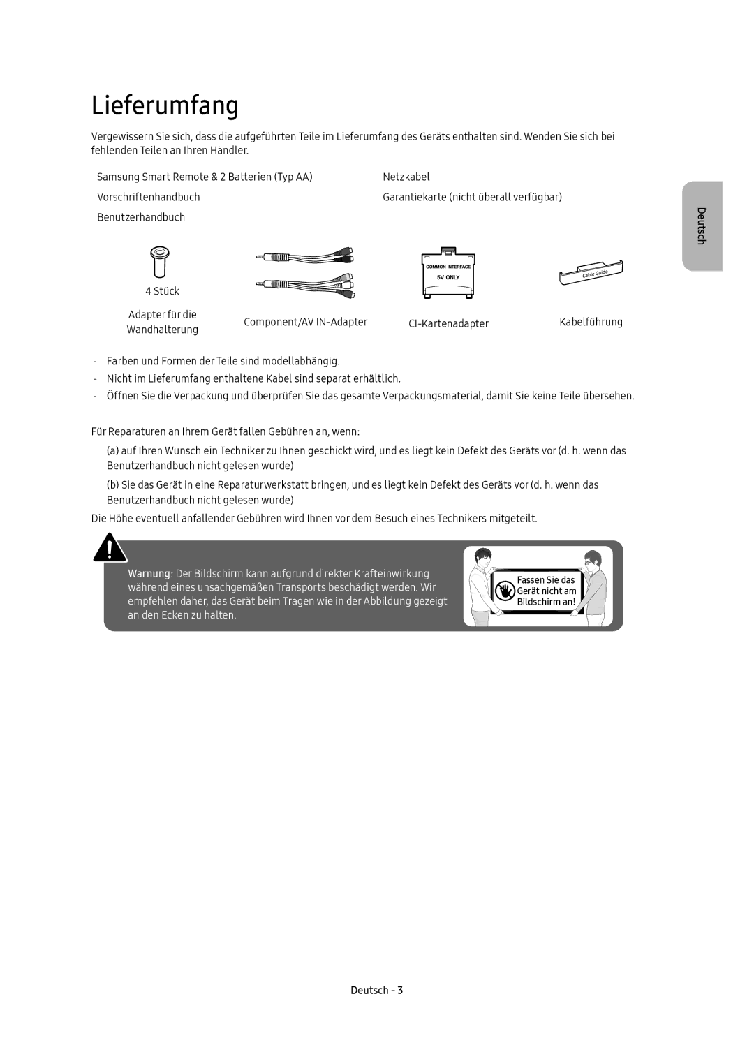 Samsung UE49KU6500UXXC, UE43KU6509UXZG, UE55KU6500UXZG, UE65KU6509UXZG, UE55KU6509UXZG, UE49KU6509UXZG manual Lieferumfang 