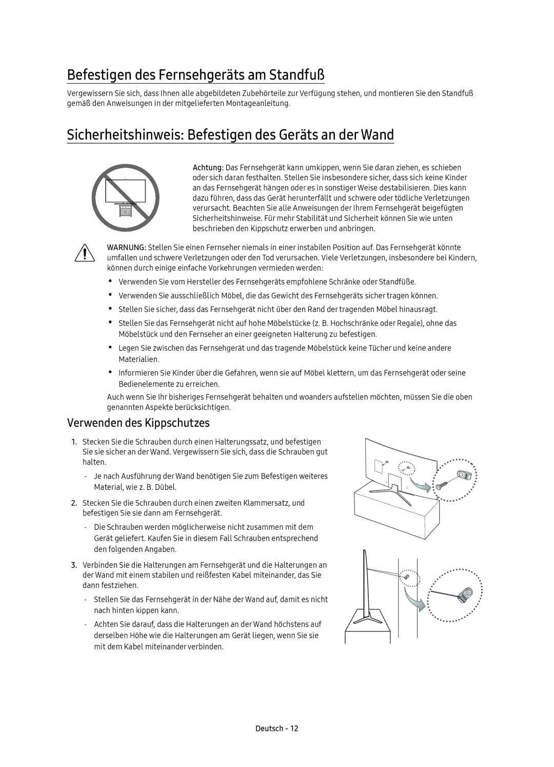 Samsung UE55KU6500UXXU Befestigen des Fernsehgeräts am Standfuß, Sicherheitshinweis Befestigen des Geräts an der Wand 