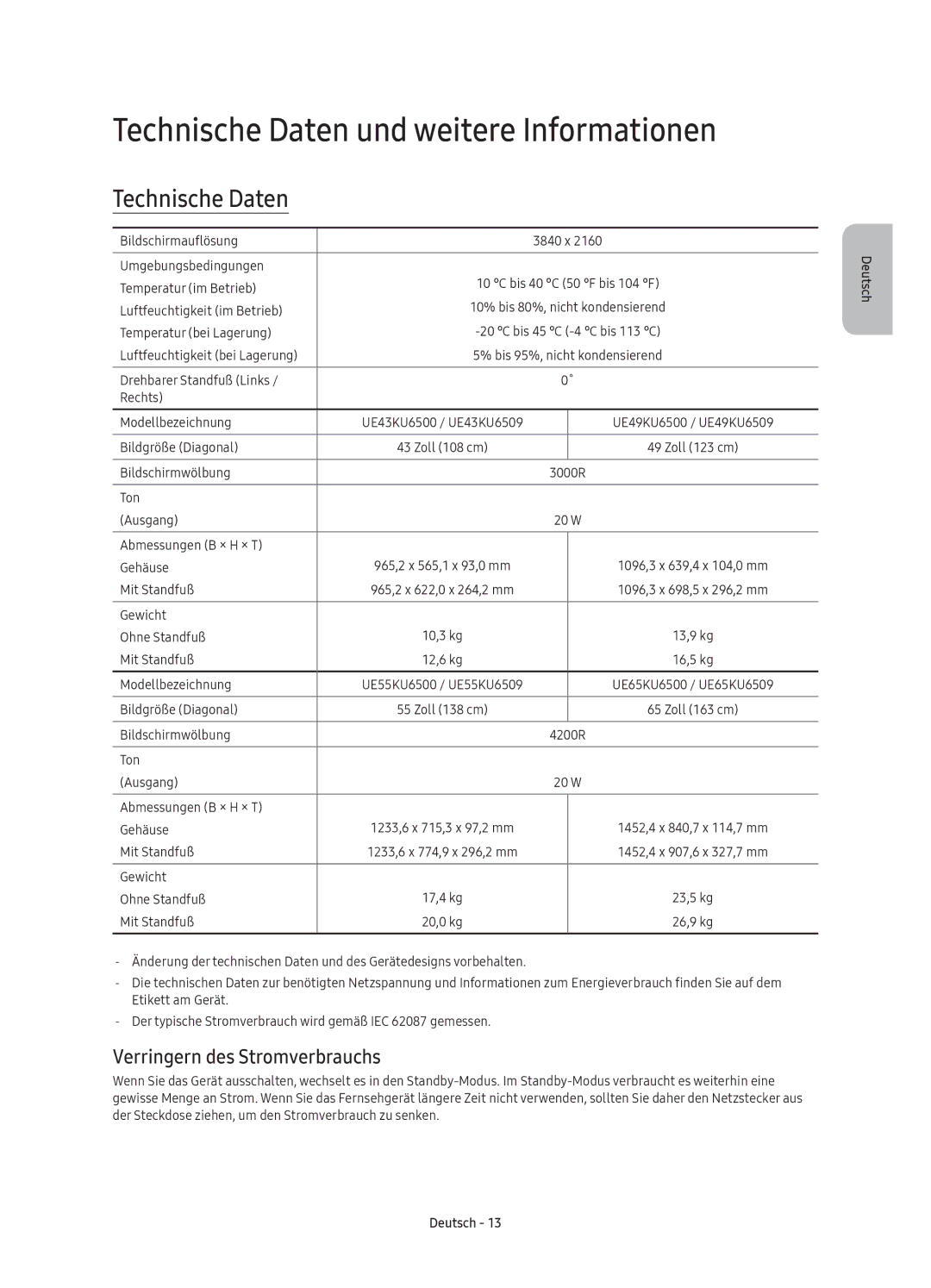 Samsung UE49KU6500UXXC, UE43KU6509UXZG manual Technische Daten und weitere Informationen, Verringern des Stromverbrauchs 