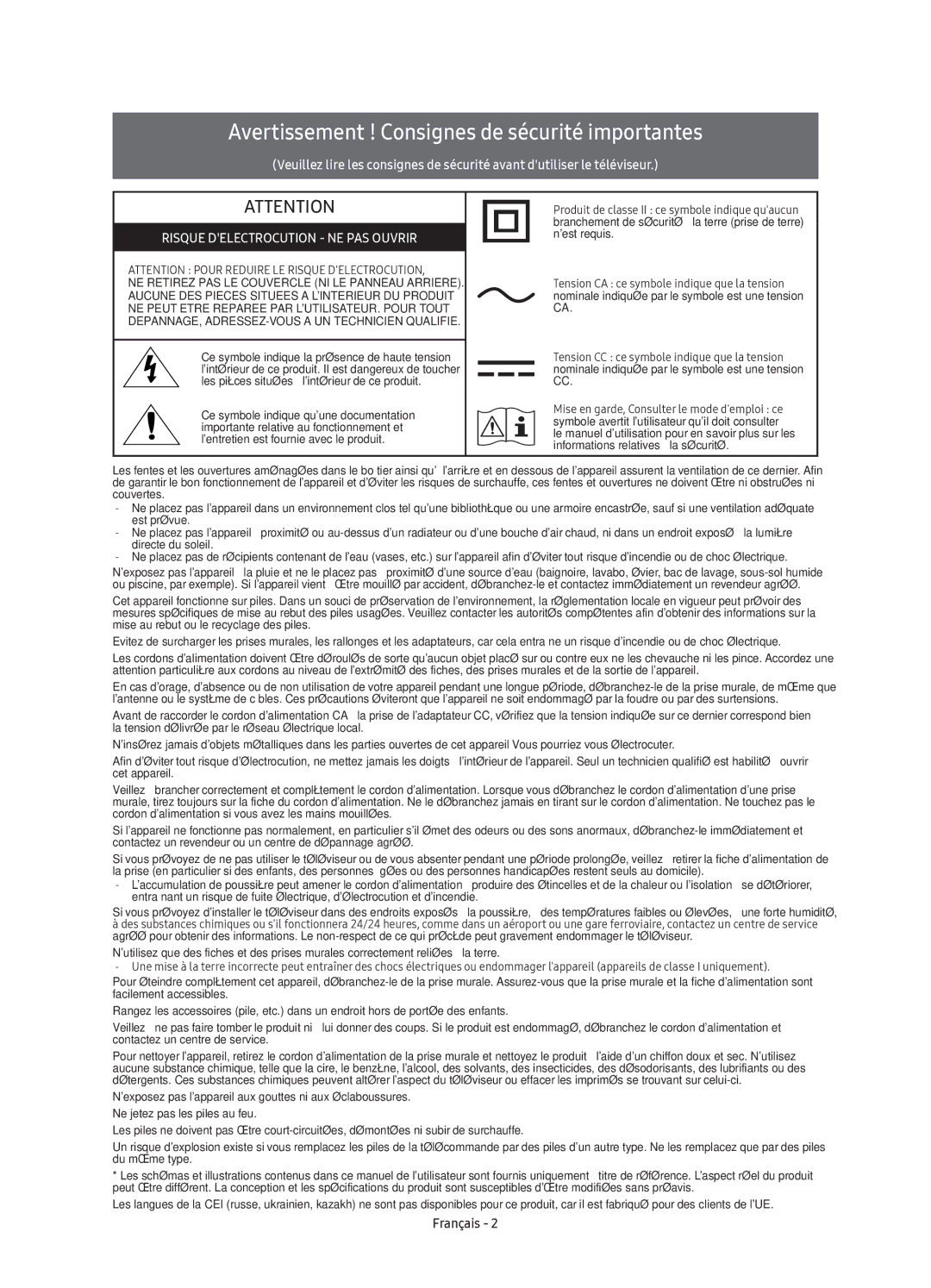 Samsung UE43KU6509UXZG, UE55KU6500UXZG, UE65KU6509UXZG, UE55KU6509UXZG Avertissement ! Consignes de sécurité importantes 