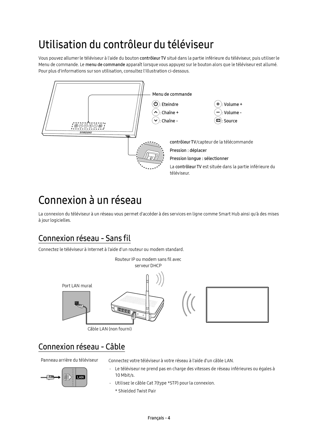 Samsung UE65KU6509UXZG manual Utilisation du contrôleur du téléviseur, Connexion à un réseau, Connexion réseau Sans fil 