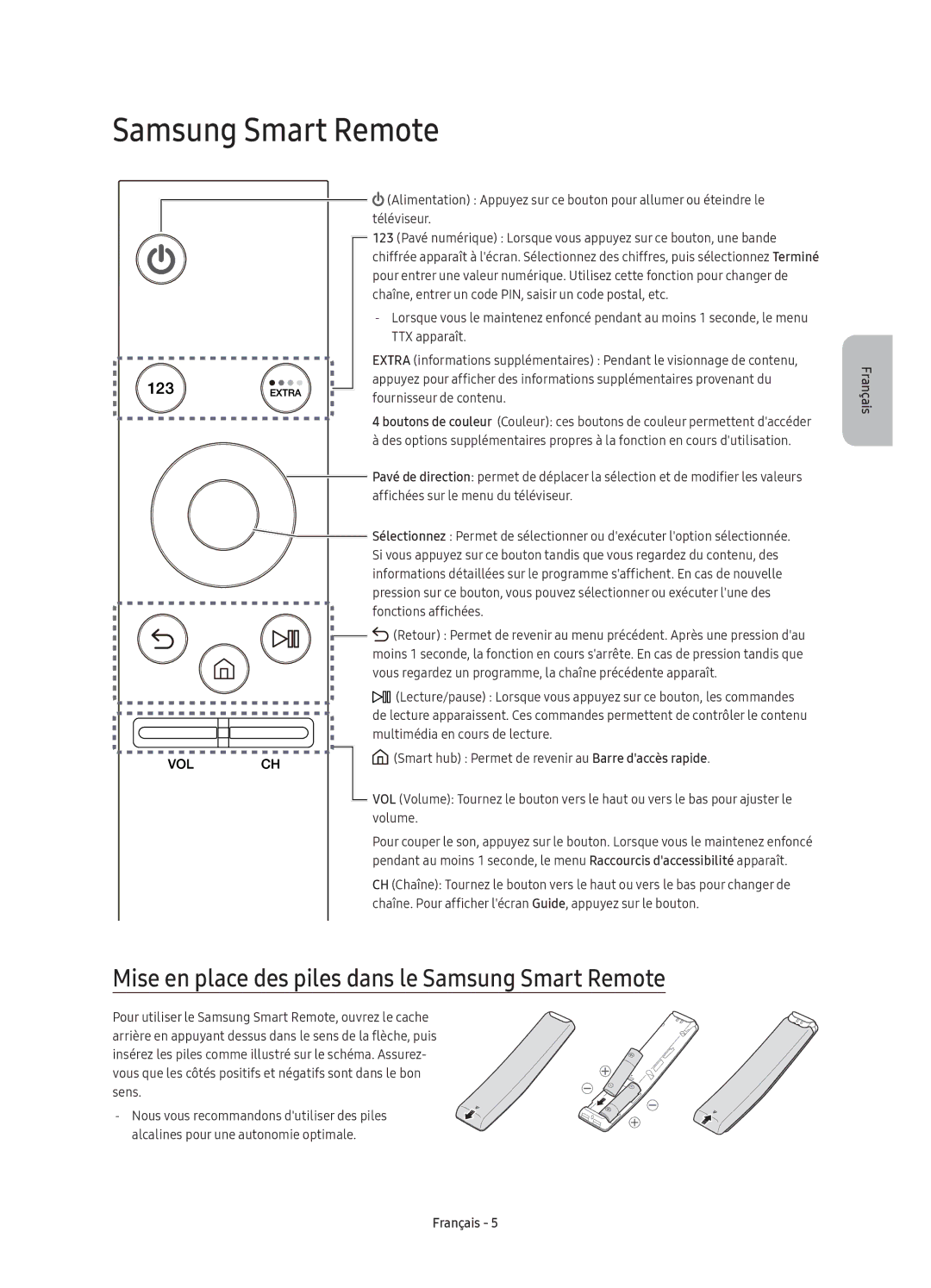 Samsung UE55KU6509UXZG, UE43KU6509UXZG, UE55KU6500UXZG manual Mise en place des piles dans le Samsung Smart Remote 