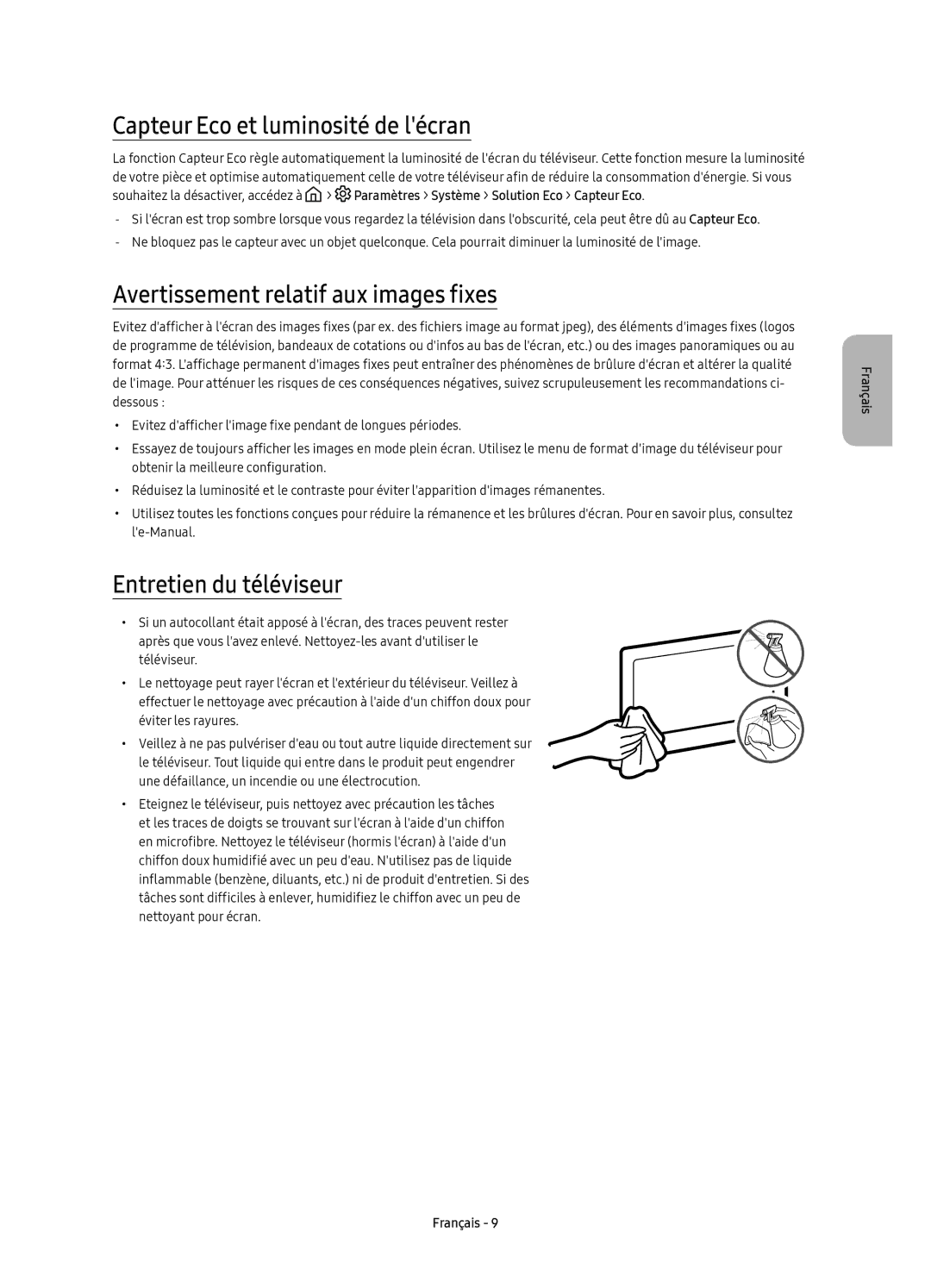 Samsung UE49KU6500UXXC, UE43KU6509UXZG manual Capteur Eco et luminosité de lécran, Avertissement relatif aux images fixes 