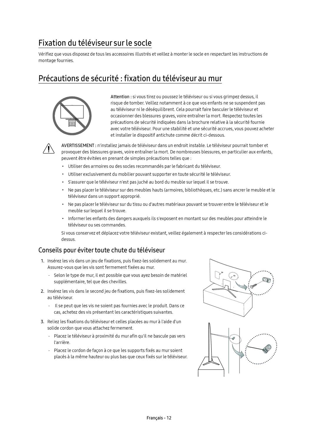 Samsung UE43KU6509UXZG manual Fixation du téléviseur sur le socle, Précautions de sécurité fixation du téléviseur au mur 