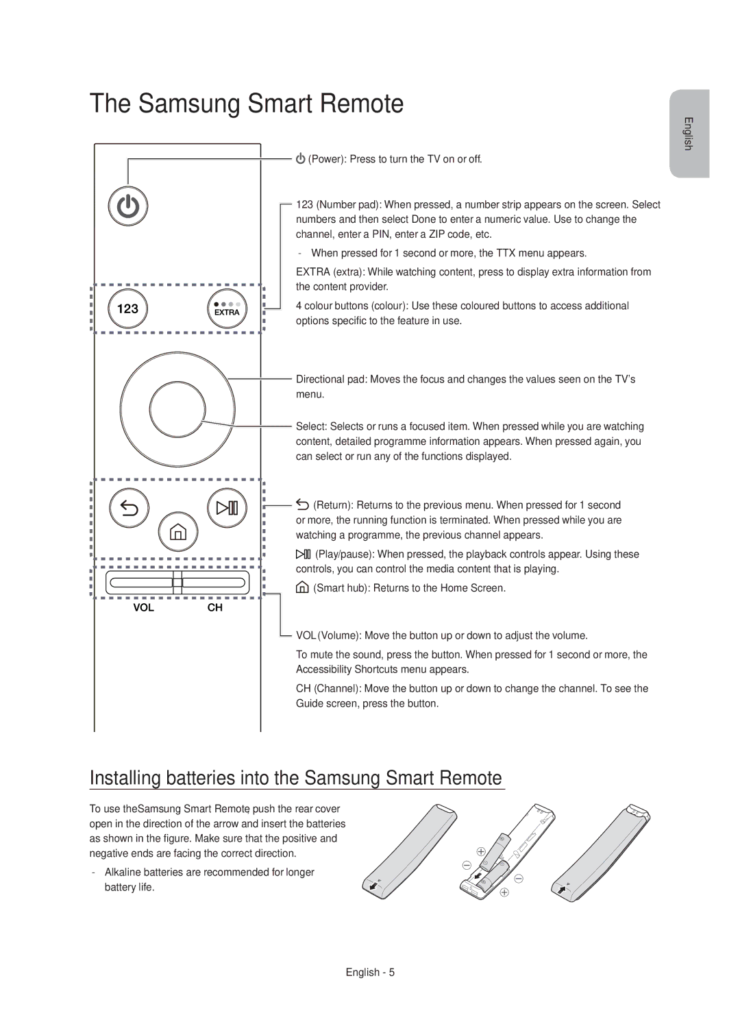 Samsung UE43KU6500UXXC, UE43KU6509UXZG, UE55KU6500UXZG manual Installing batteries into the Samsung Smart Remote 