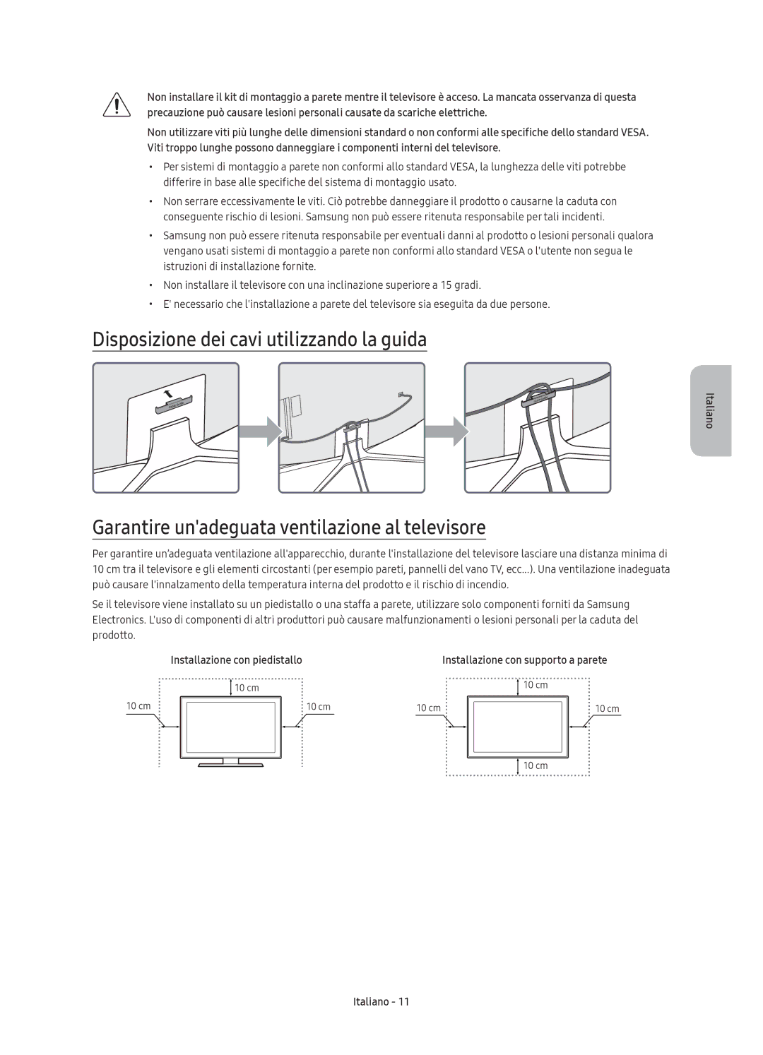 Samsung UE55KU6509UXZG manual Disposizione dei cavi utilizzando la guida, Garantire unadeguata ventilazione al televisore 