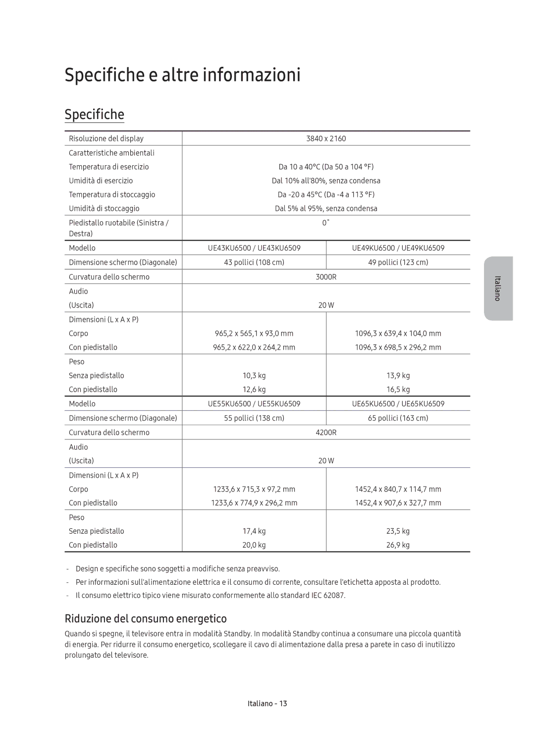 Samsung UE43KU6500UXXC, UE43KU6509UXZG, UE55KU6500UXZG Specifiche e altre informazioni, Riduzione del consumo energetico 