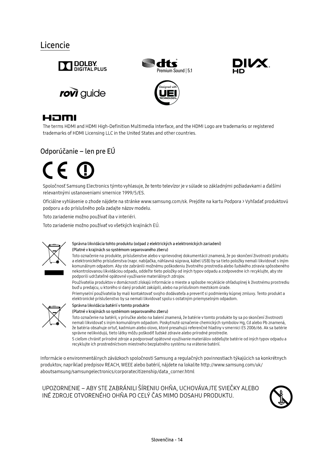 Samsung UE43KU6510SXXH, UE43KU6512UXXH, UE55KU6512UXXH, UE49KU6512UXXH, UE55KU6510SXXN manual Licencie, Odporúčanie len pre EÚ 