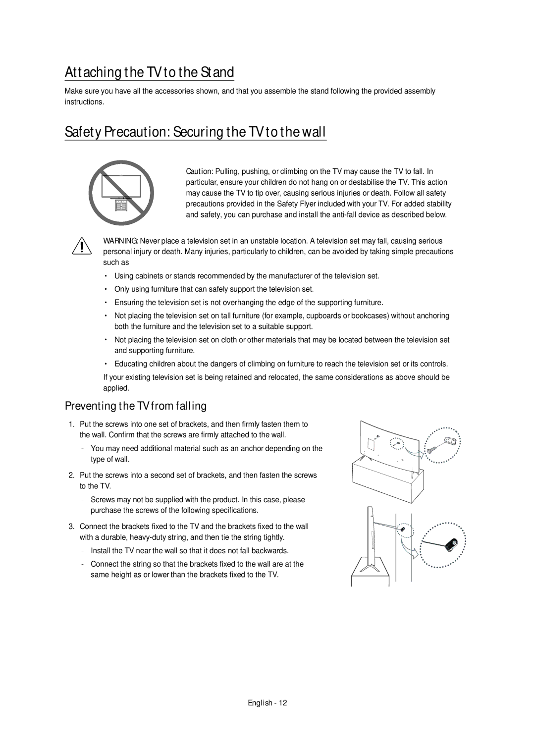 Samsung UE55KU6510SXXN, UE43KU6512UXXH manual Attaching the TV to the Stand, Safety Precaution Securing the TV to the wall 