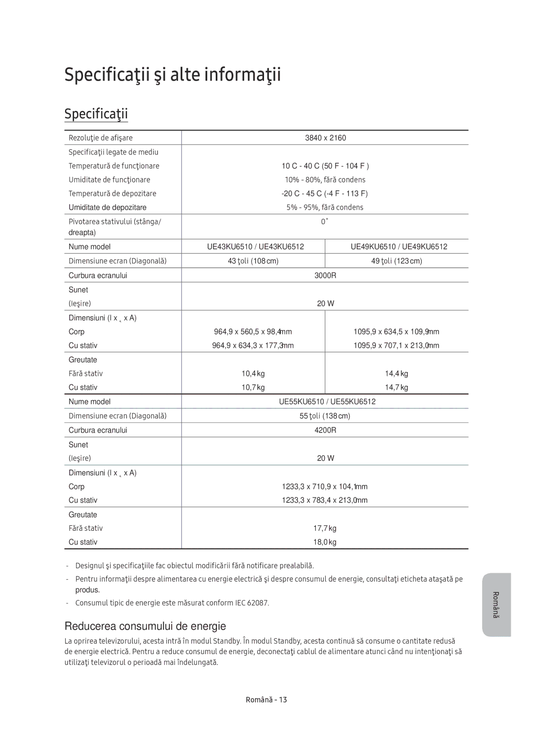 Samsung UE43KU6510SXXN, UE43KU6512UXXH, UE55KU6512UXXH Specificaţii şi alte informaţii, Reducerea consumului de energie 