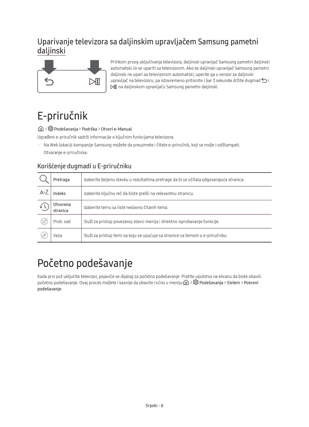 Samsung UE49KU6510SXXN, UE43KU6512UXXH manual Priručnik, Početno podešavanje, Korišćenje dugmadi u E-priručniku, Pretraga 