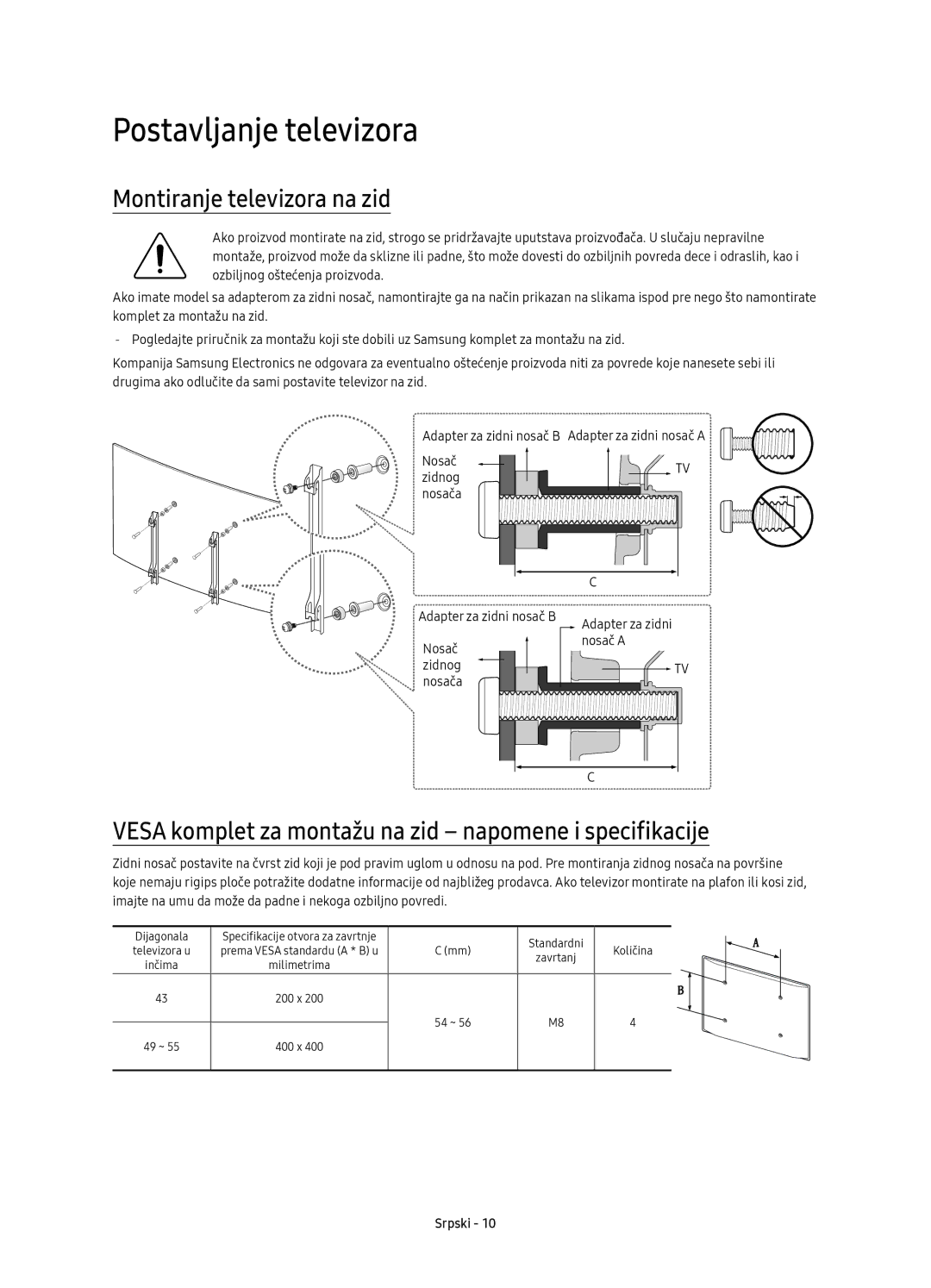 Samsung UE55KU6512UXXH manual Montiranje televizora na zid, Vesa komplet za montažu na zid napomene i specifikacije 