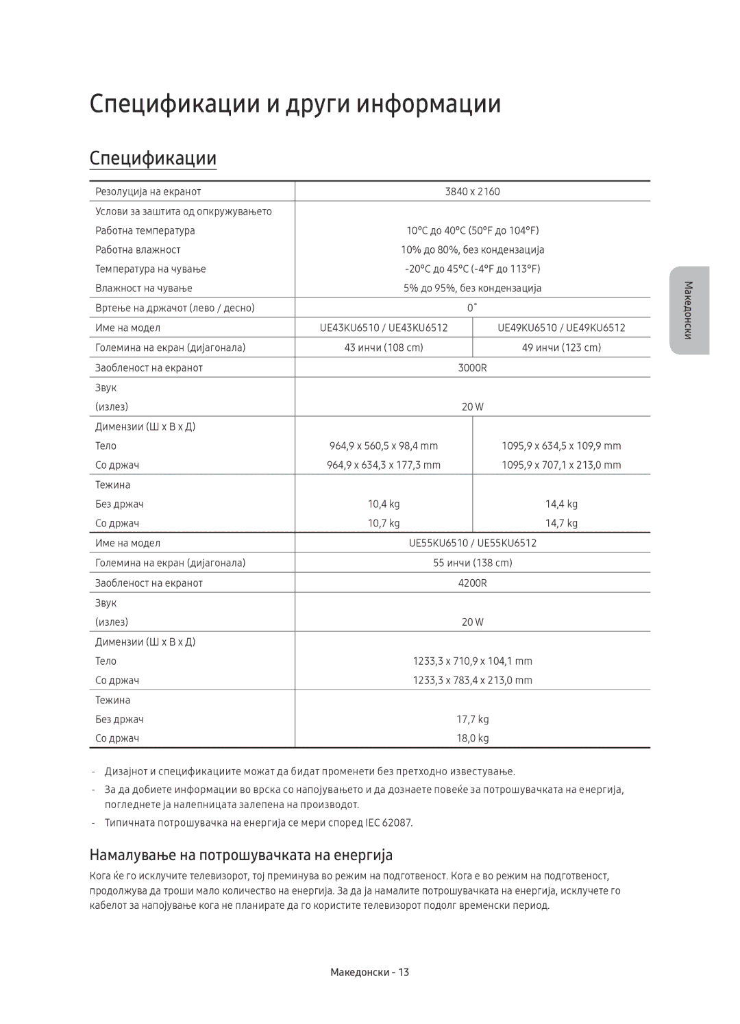 Samsung UE55KU6510SXXH, UE43KU6512UXXH manual Спецификации и други информации, Намалување на потрошувачката на енергија 