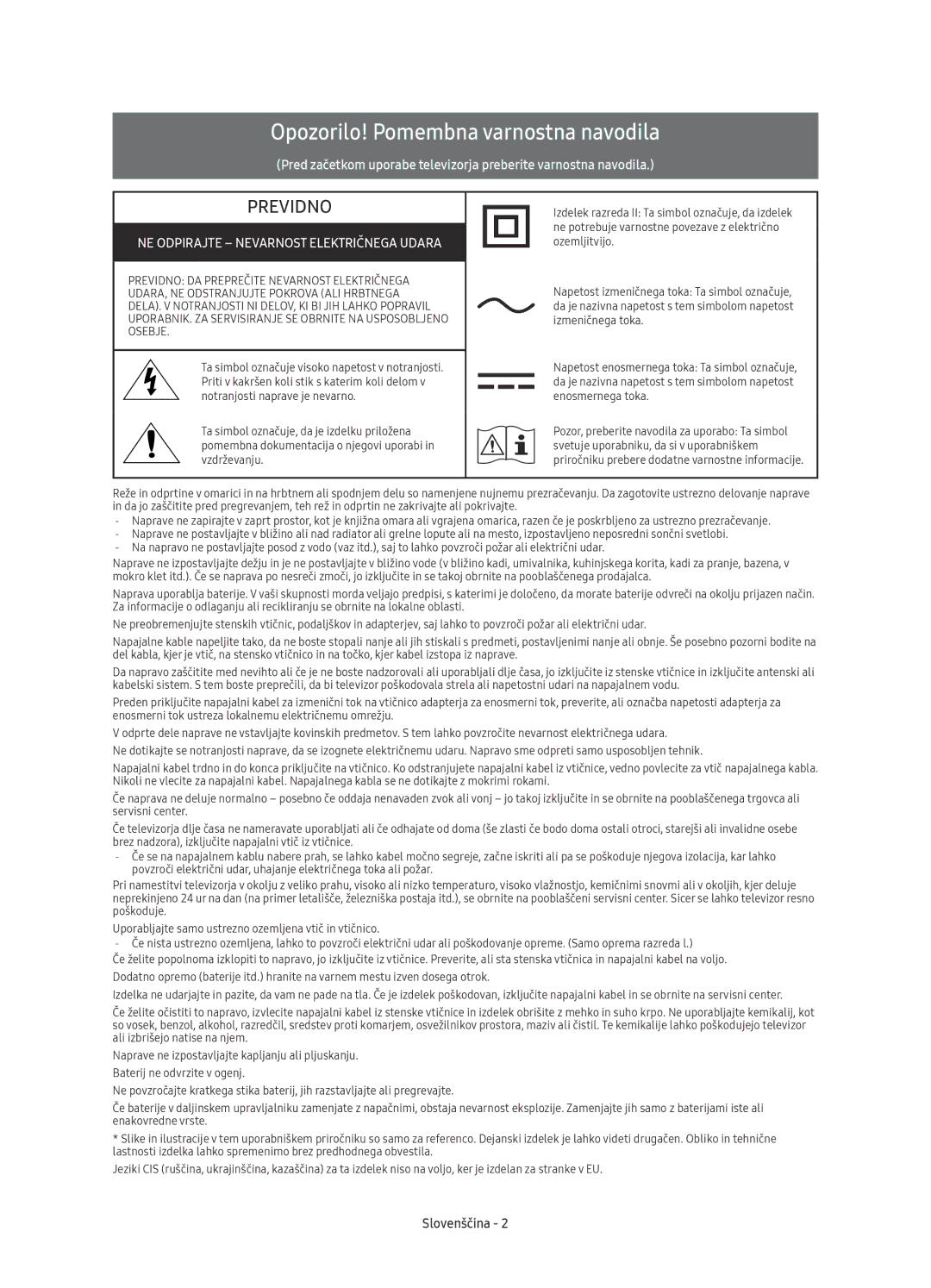 Samsung UE43KU6510SXXN Opozorilo! Pomembna varnostna navodila, NE Odpirajte Nevarnost Električnega Udara, Slovenščina 