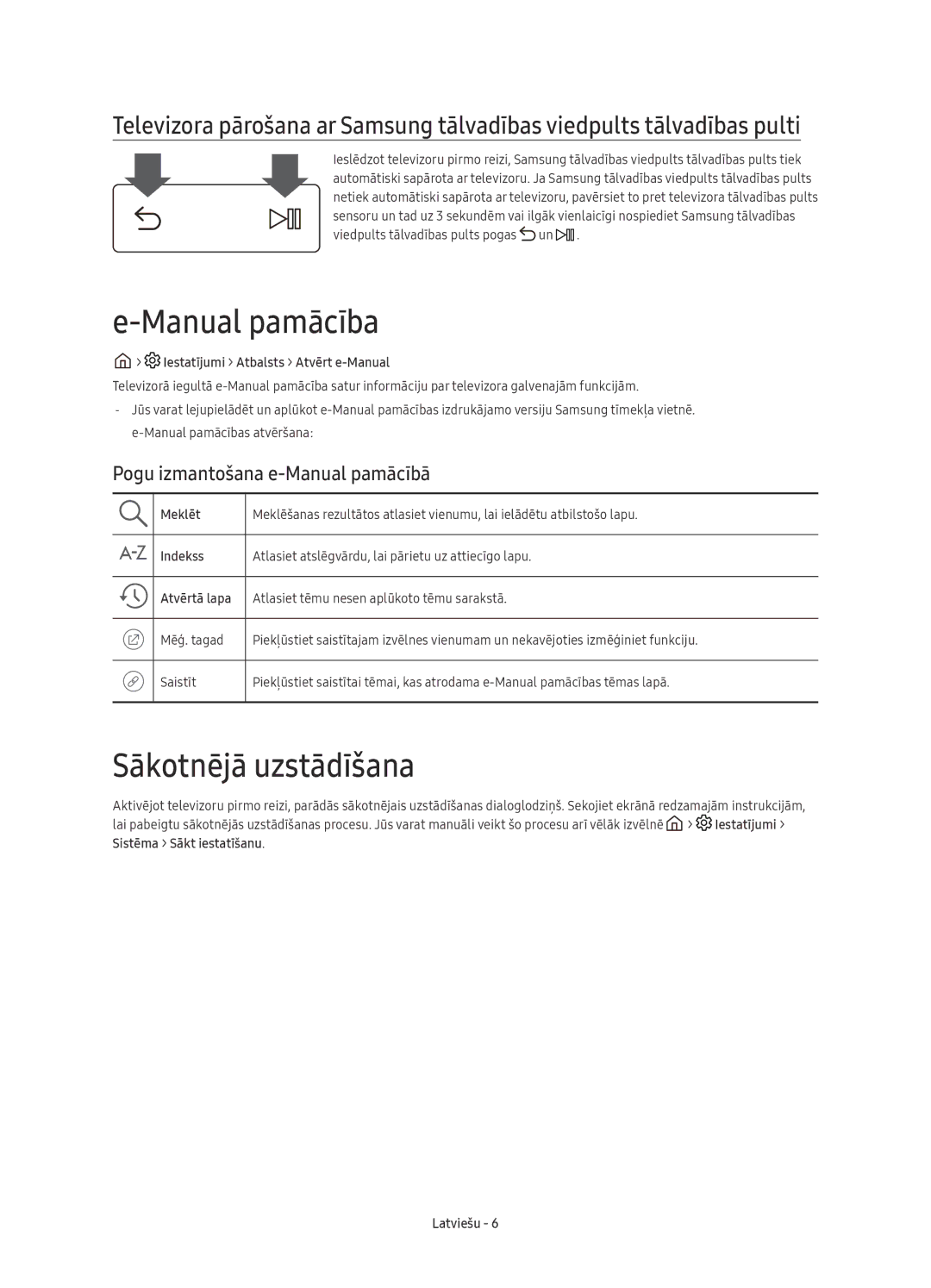 Samsung UE43KU6510SXXN, UE43KU6512UXXH manual Manual pamācība, Sākotnējā uzstādīšana, Pogu izmantošana e-Manual pamācībā 