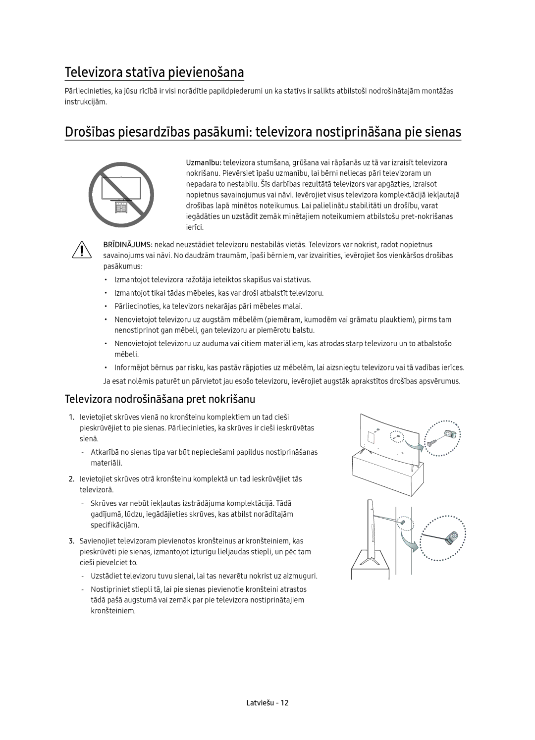 Samsung UE55KU6510SXXH, UE43KU6512UXXH manual Televizora statīva pievienošana, Televizora nodrošināšana pret nokrišanu 