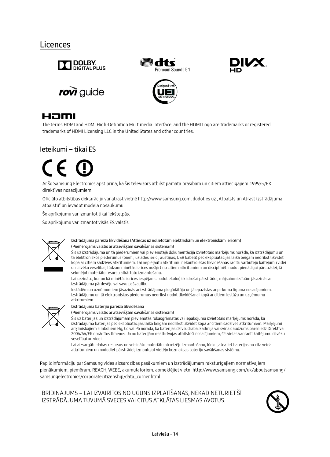 Samsung UE49KU6510SXXH, UE43KU6512UXXH, UE55KU6512UXXH, UE49KU6512UXXH, UE55KU6510SXXN manual Licences, Ieteikumi tikai ES 