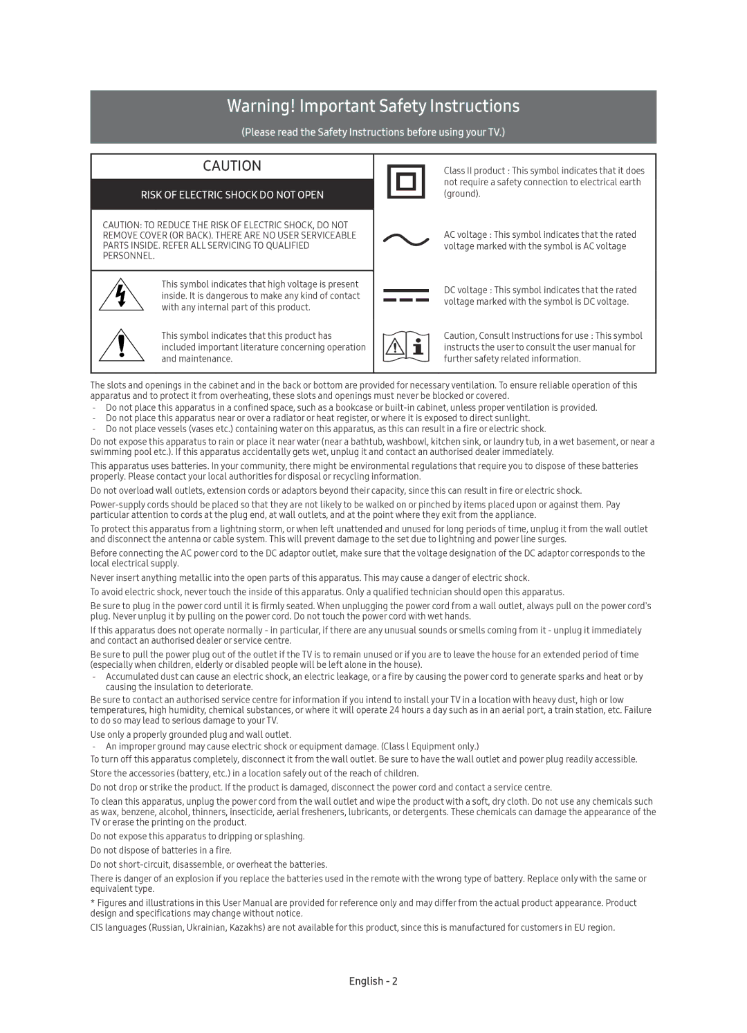 Samsung UE49KU6512UXXH, UE43KU6512UXXH, UE55KU6512UXXH, UE55KU6510SXXN manual Risk of Electric Shock do not Open, English 