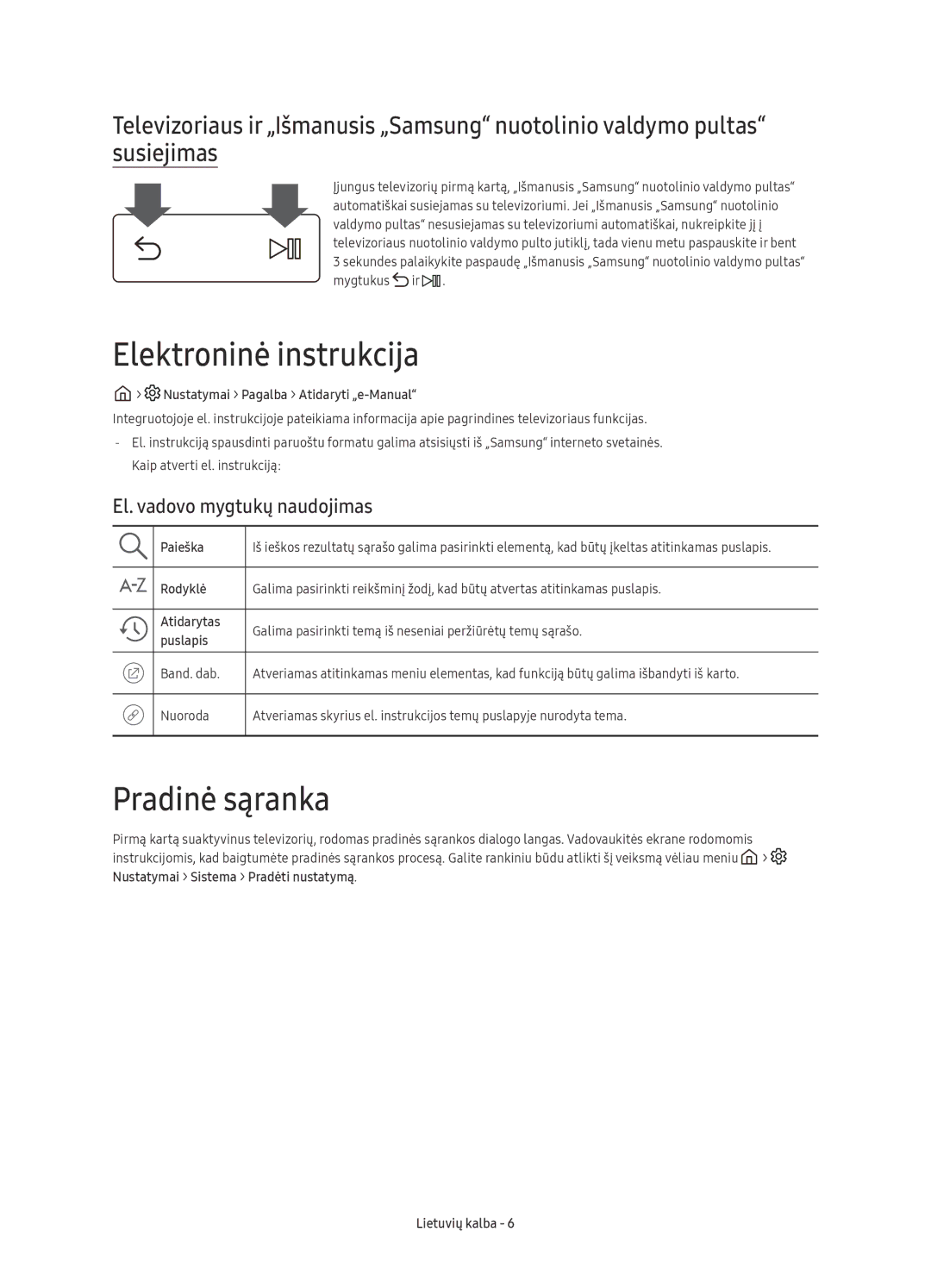 Samsung UE43KU6510SXXH, UE43KU6512UXXH manual Elektroninė instrukcija, Pradinė sąranka, El. vadovo mygtukų naudojimas 