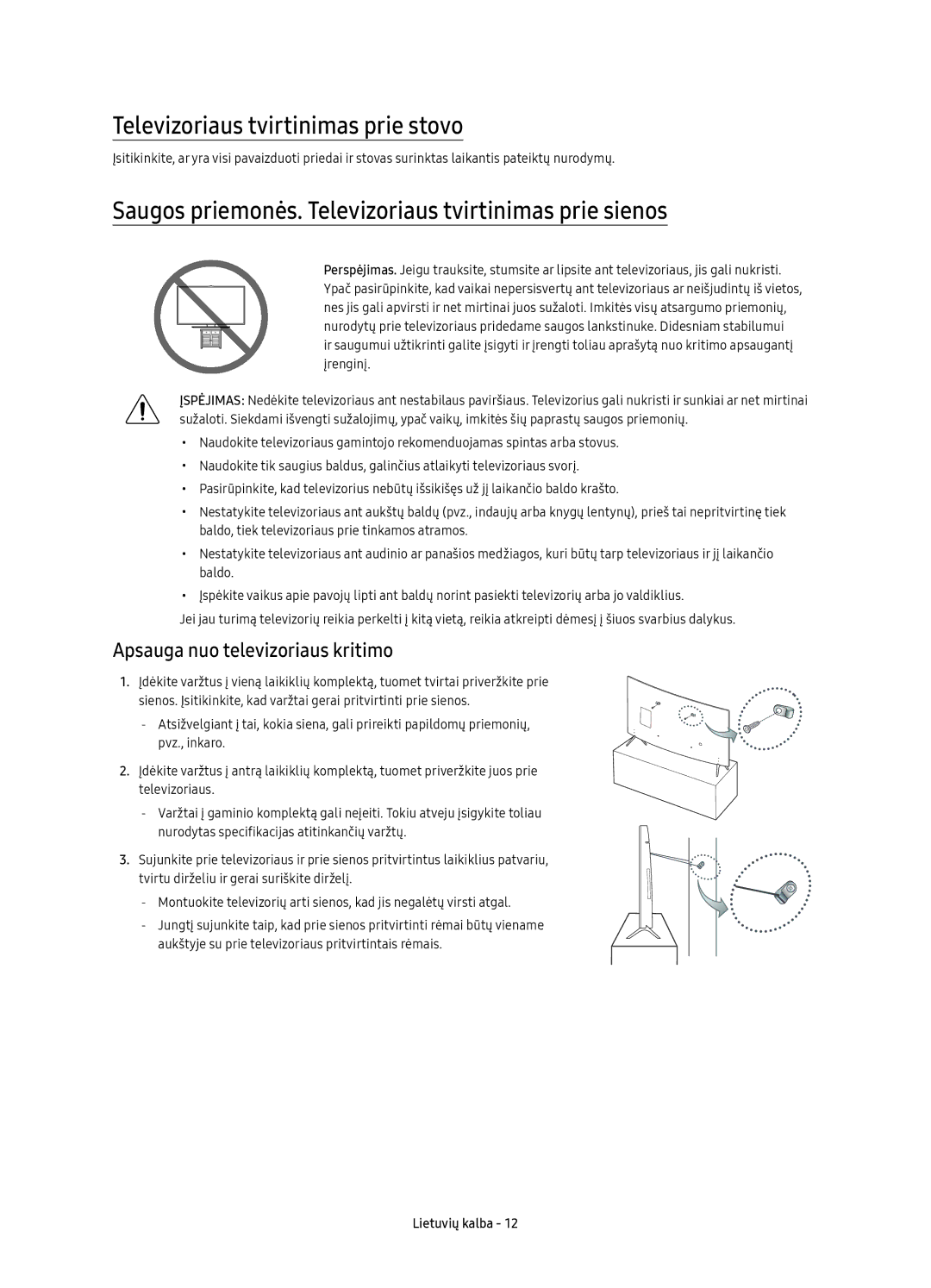 Samsung UE55KU6512UXXH manual Televizoriaus tvirtinimas prie stovo, Saugos priemonės. Televizoriaus tvirtinimas prie sienos 