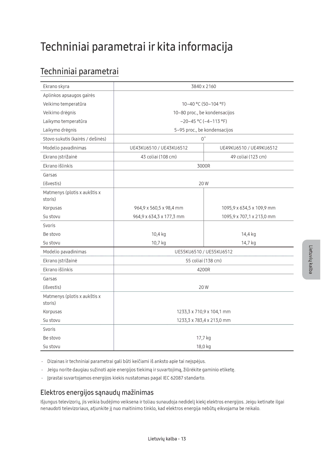 Samsung UE49KU6512UXXH, UE43KU6512UXXH Techniniai parametrai ir kita informacija, Elektros energijos sąnaudų mažinimas 