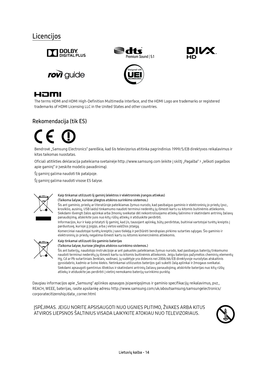 Samsung UE55KU6510SXXN, UE43KU6512UXXH, UE55KU6512UXXH, UE49KU6512UXXH, UE43KU6510SXXH manual Licencijos, Rekomendacija tik ES 