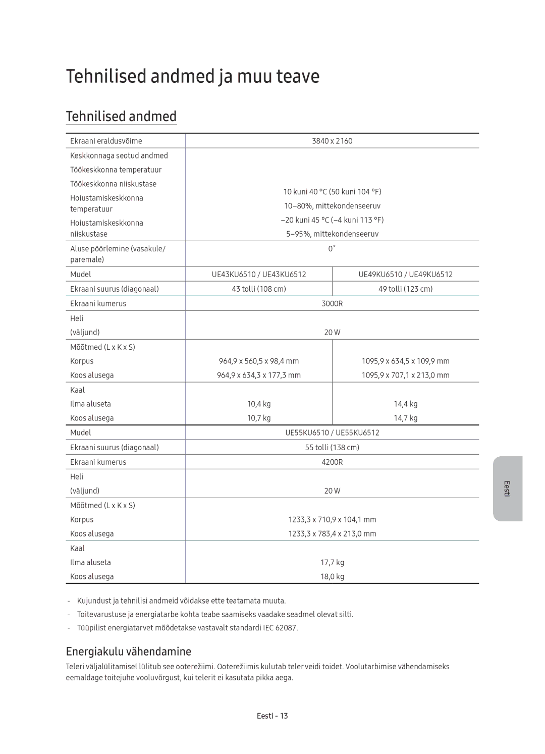 Samsung UE49KU6510SXXH, UE43KU6512UXXH, UE55KU6512UXXH manual Tehnilised andmed ja muu teave, Energiakulu vähendamine 