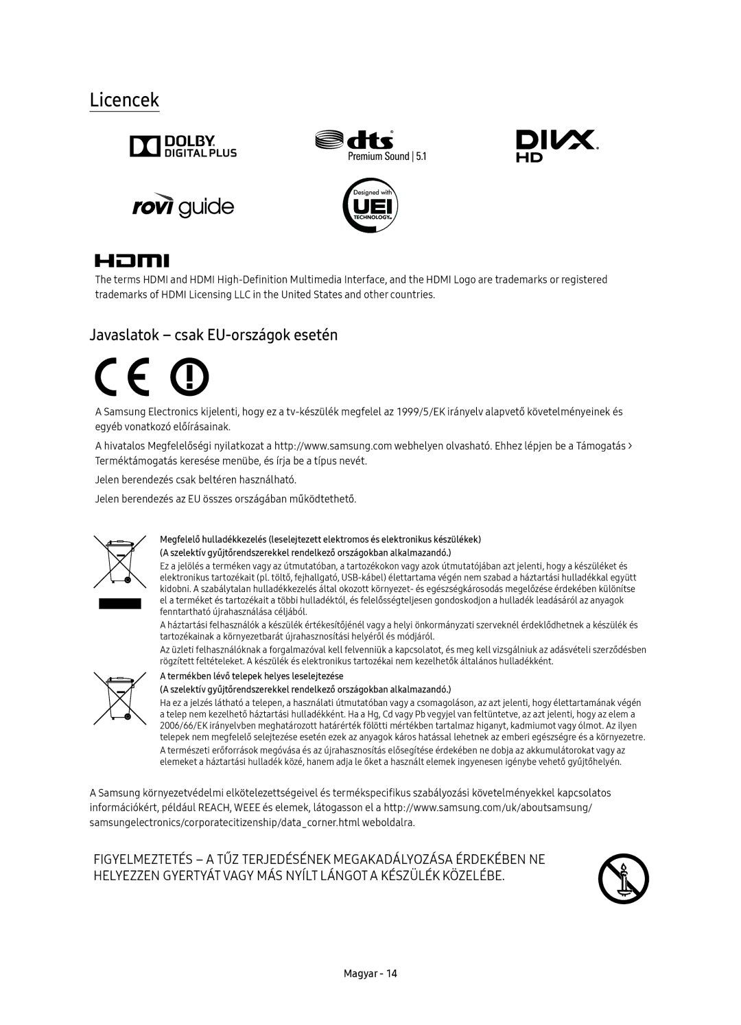 Samsung UE55KU6512UXXH, UE43KU6512UXXH, UE49KU6512UXXH, UE55KU6510SXXN manual Licencek, Javaslatok csak EU-országok esetén 