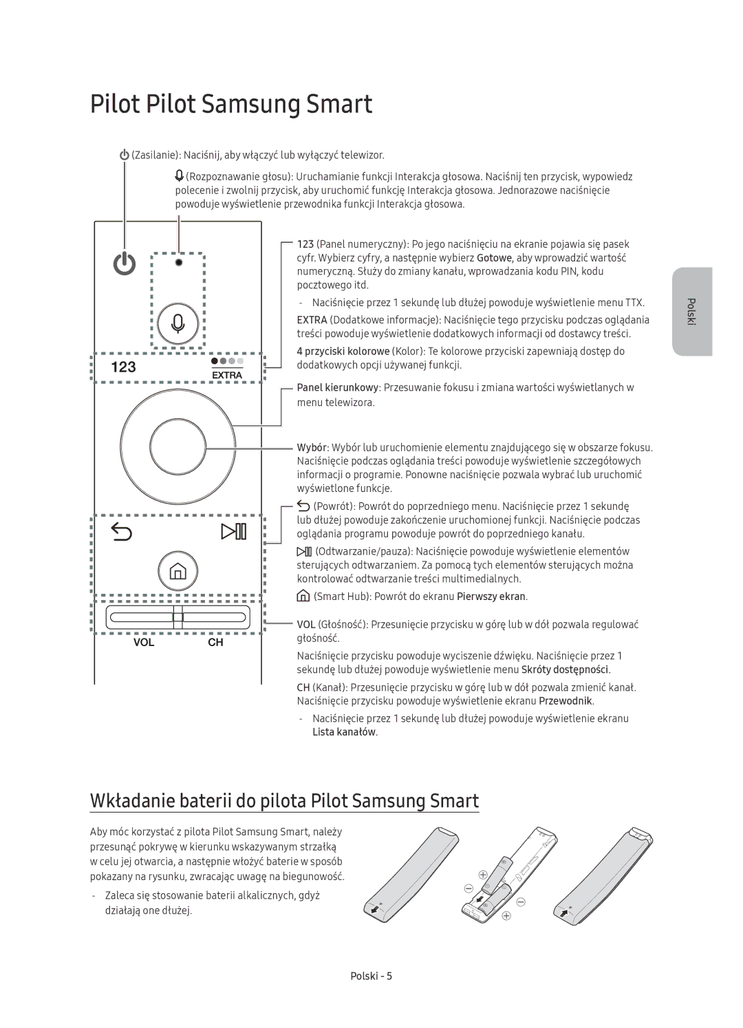 Samsung UE49KU6510SXXN, UE43KU6512UXXH manual Pilot Pilot Samsung Smart, Wkładanie baterii do pilota Pilot Samsung Smart 