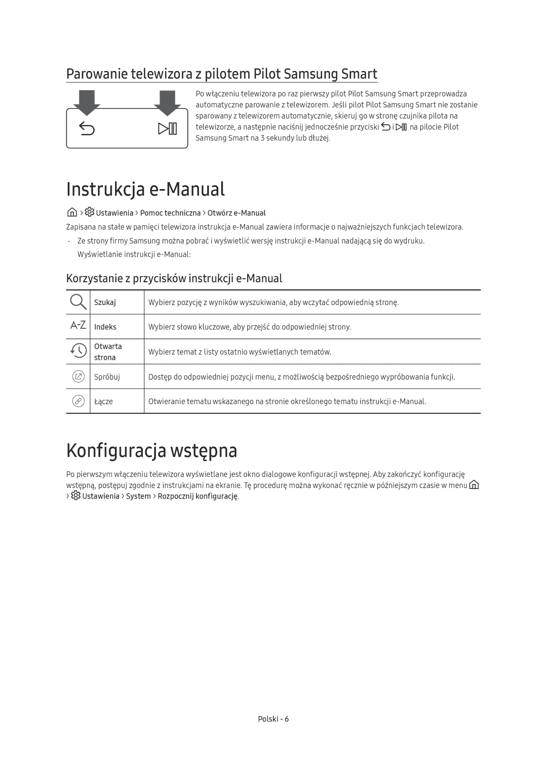 Samsung UE49KU6510SXXH manual Instrukcja e-Manual, Konfiguracja wstępna, Parowanie telewizora z pilotem Pilot Samsung Smart 