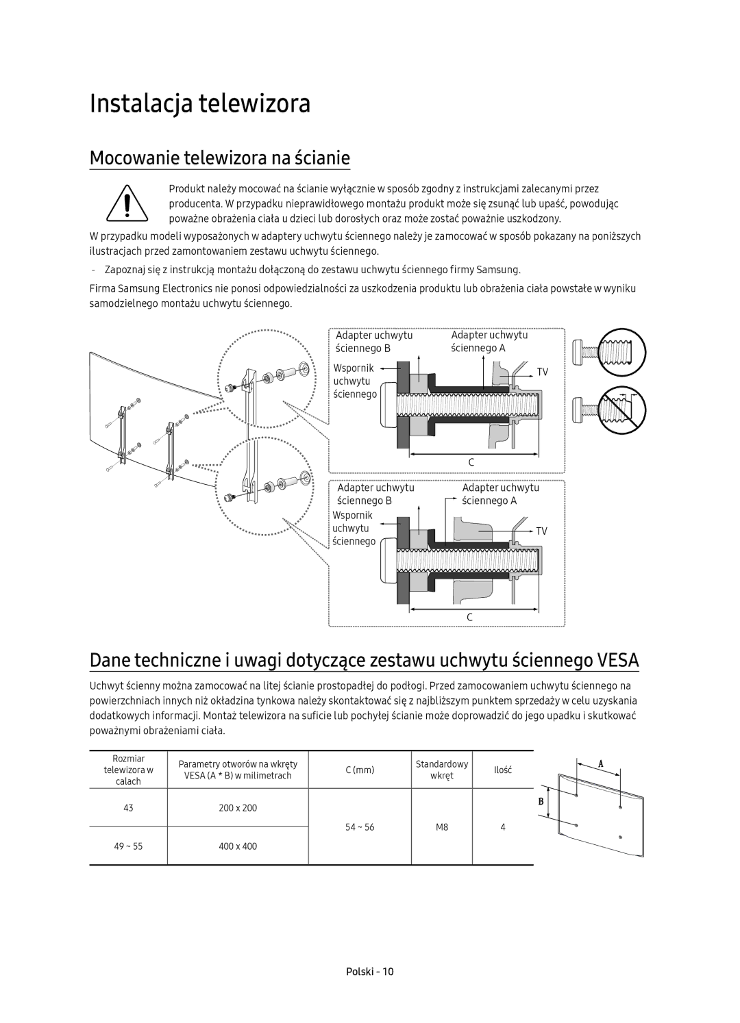 Samsung UE49KU6512UXXH, UE43KU6512UXXH, UE55KU6512UXXH manual Instalacja telewizora, Mocowanie telewizora na ścianie 
