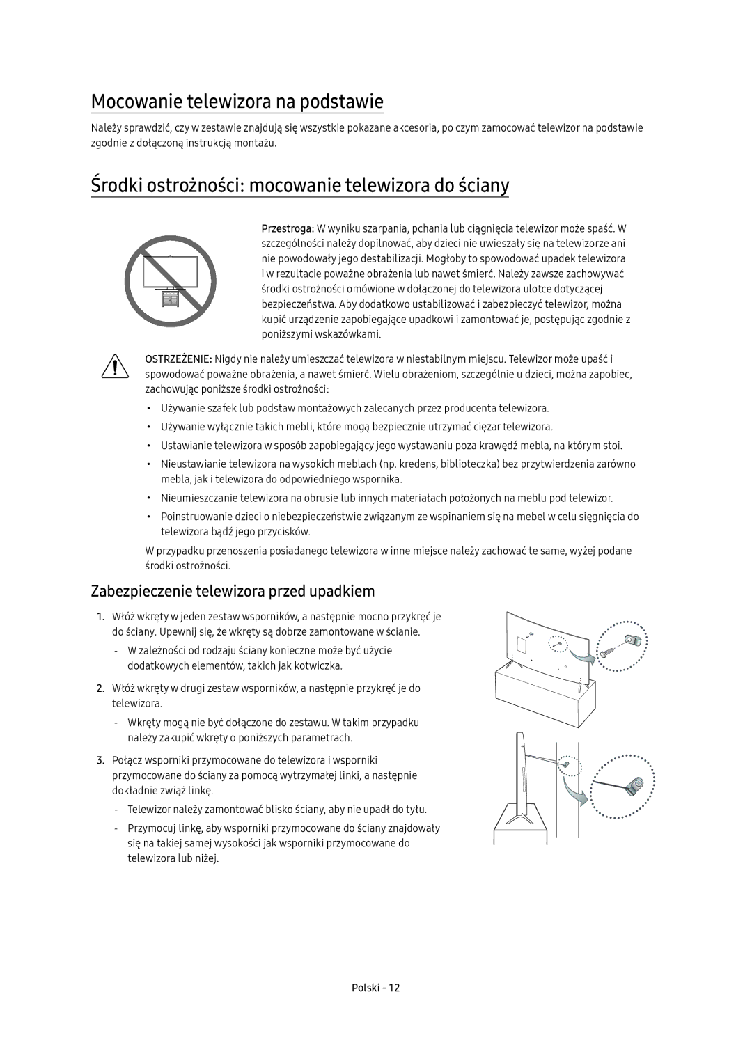 Samsung UE43KU6510SXXH manual Mocowanie telewizora na podstawie, Środki ostrożności mocowanie telewizora do ściany 