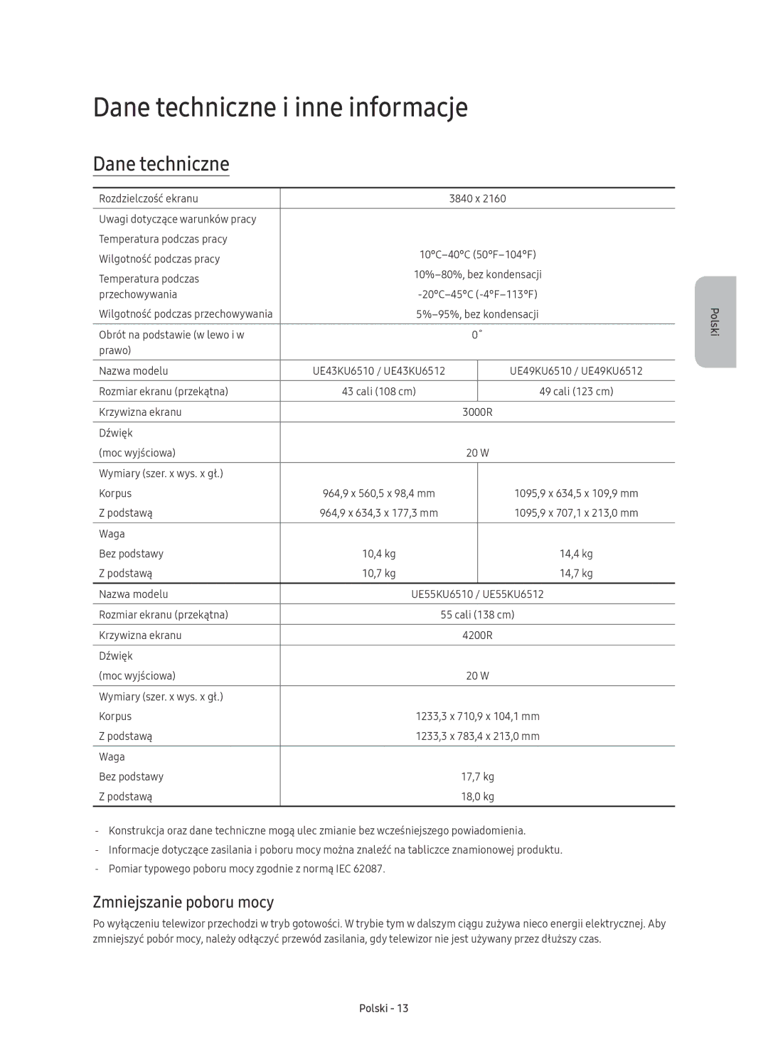 Samsung UE55KU6510SXXH, UE43KU6512UXXH, UE55KU6512UXXH manual Dane techniczne i inne informacje, Zmniejszanie poboru mocy 