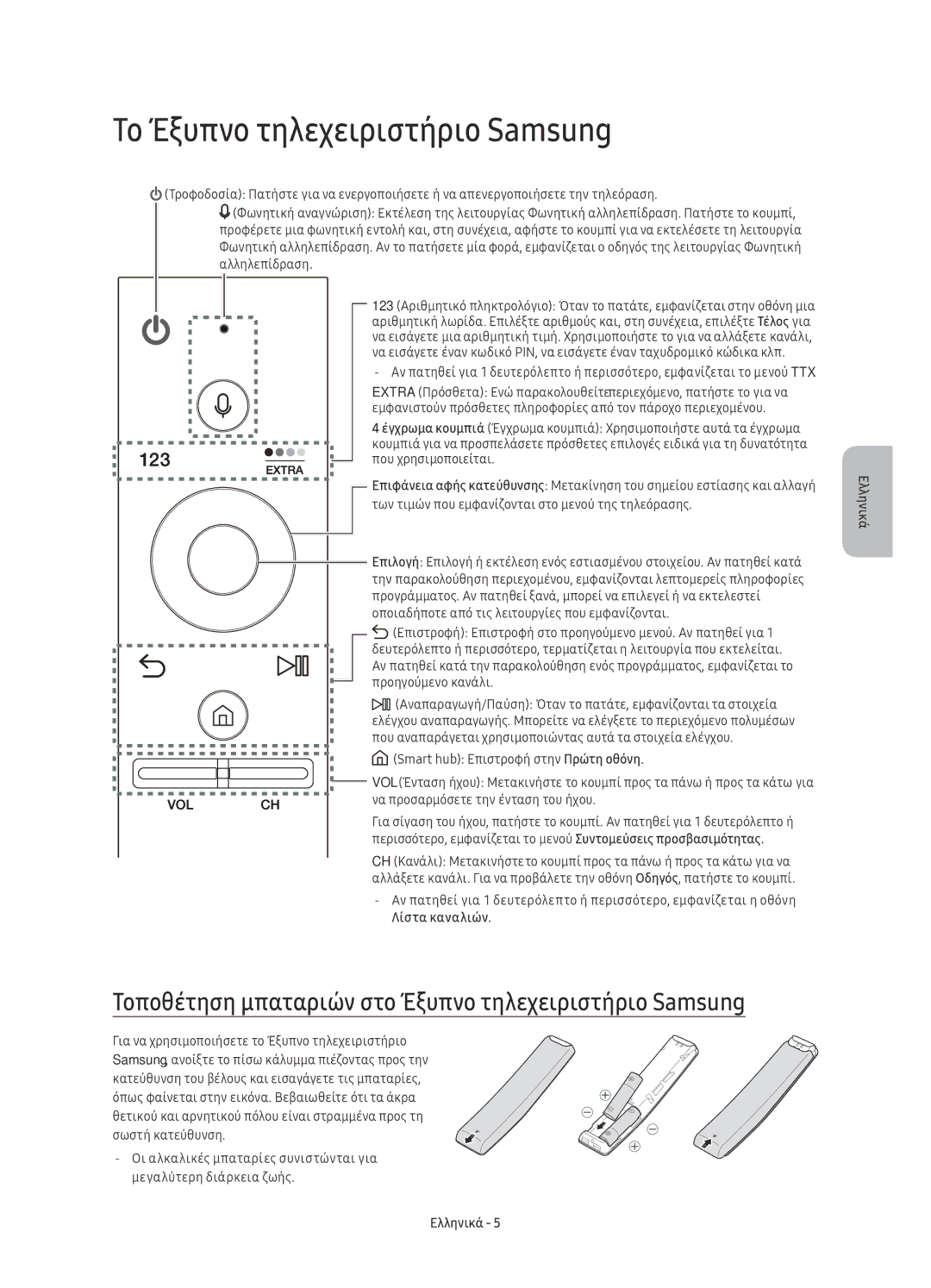 Samsung UE49KU6512UXXH manual Το Έξυπνο τηλεχειριστήριο Samsung, Τοποθέτηση μπαταριών στο Έξυπνο τηλεχειριστήριο Samsung 